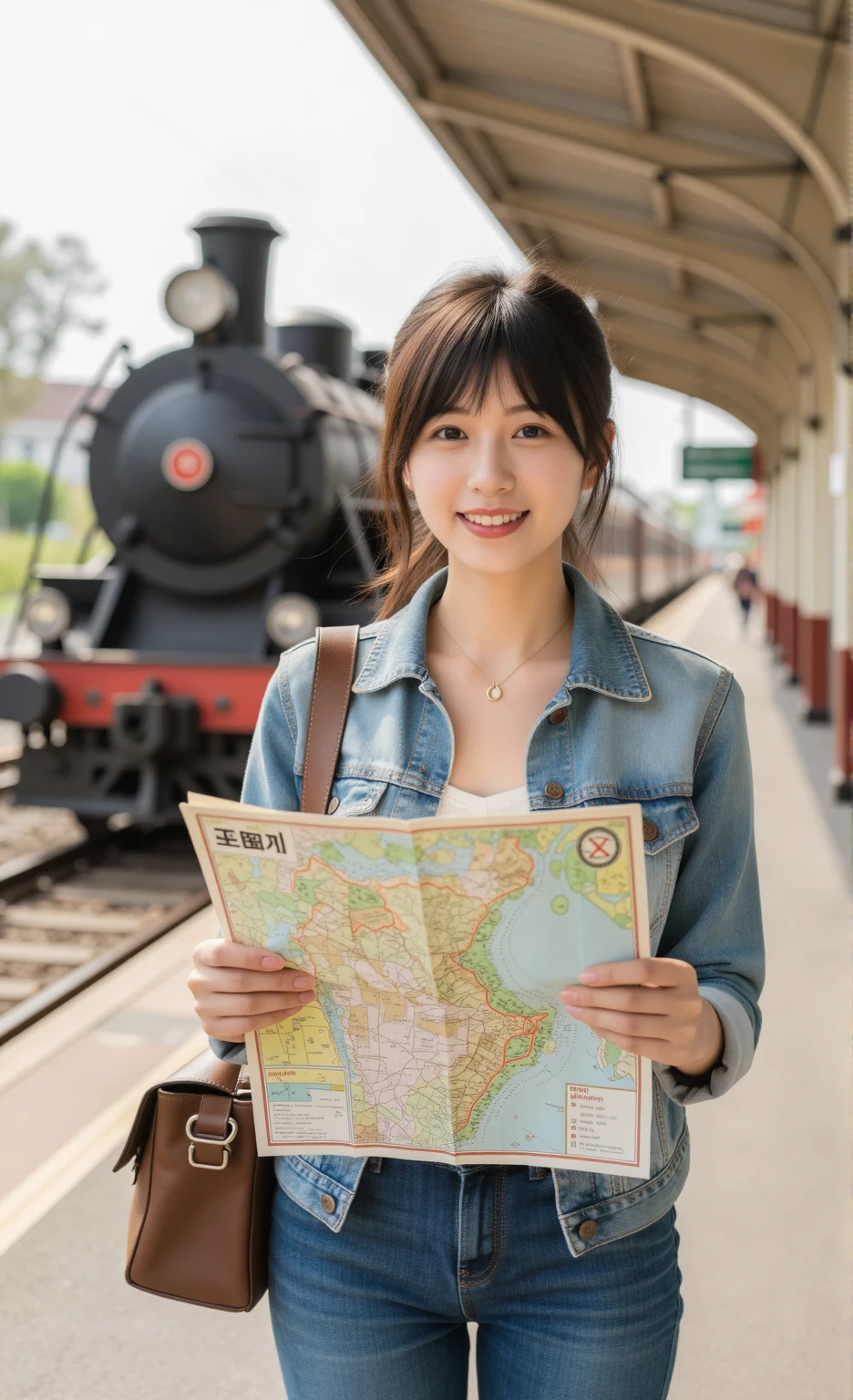 korean girl holding map in hand standing on Seoul city street , backpack bag on back  , vibrant image , realistic 