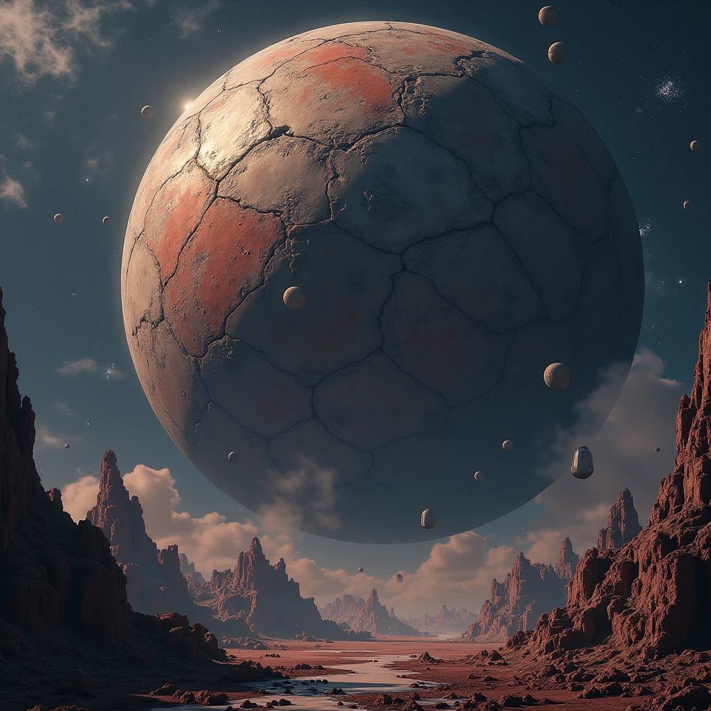 arafed rock formation in the desert with a large rock in the foreground, beeple and mike winkelmann, animated cinematography, psytrance and giger, desolate gloomy planet, floating spheres and shapes, shattered land, cinematic still frame, atlantis city --auto --s2