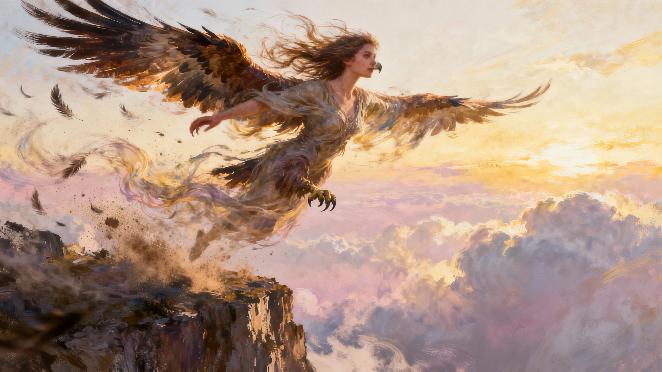 (The best image quality, 4k, 8k, Hi-Nothing, Masterpiece:1.2), (ultra detailed, realist, graphic:1.37), (severe situation:1.1), (((A scene from ancient Greek mythology., the beautiful Psyque (((flying))) over dense clouds:1.2))), (((full body))), (((a blonde))), Great shot of Psyche, A beautiful woman ((())), with blue eyes. (with big butterfly wings:1.6), En la distancia a lo lejos un joven con alas de angel flying a lo lejos; half: illustration, Detailed illustration, Digital illustration, strong shadows (strong texture:1.1), detail: (disturbing atmosphere, spooky clouds, heavenly staircase that stretches between the clouds, dark lighting, cloudy sea water:1.2), detail: Artistic style: dark fantasy, scary mythical creatures, dramatic composition color palette: front lighting: sunset lighting with colorful clouds; (Composición increíblemente poderosa y realist de Greg Rutkowski.:1.2) CFG Scale 7 Steps 30