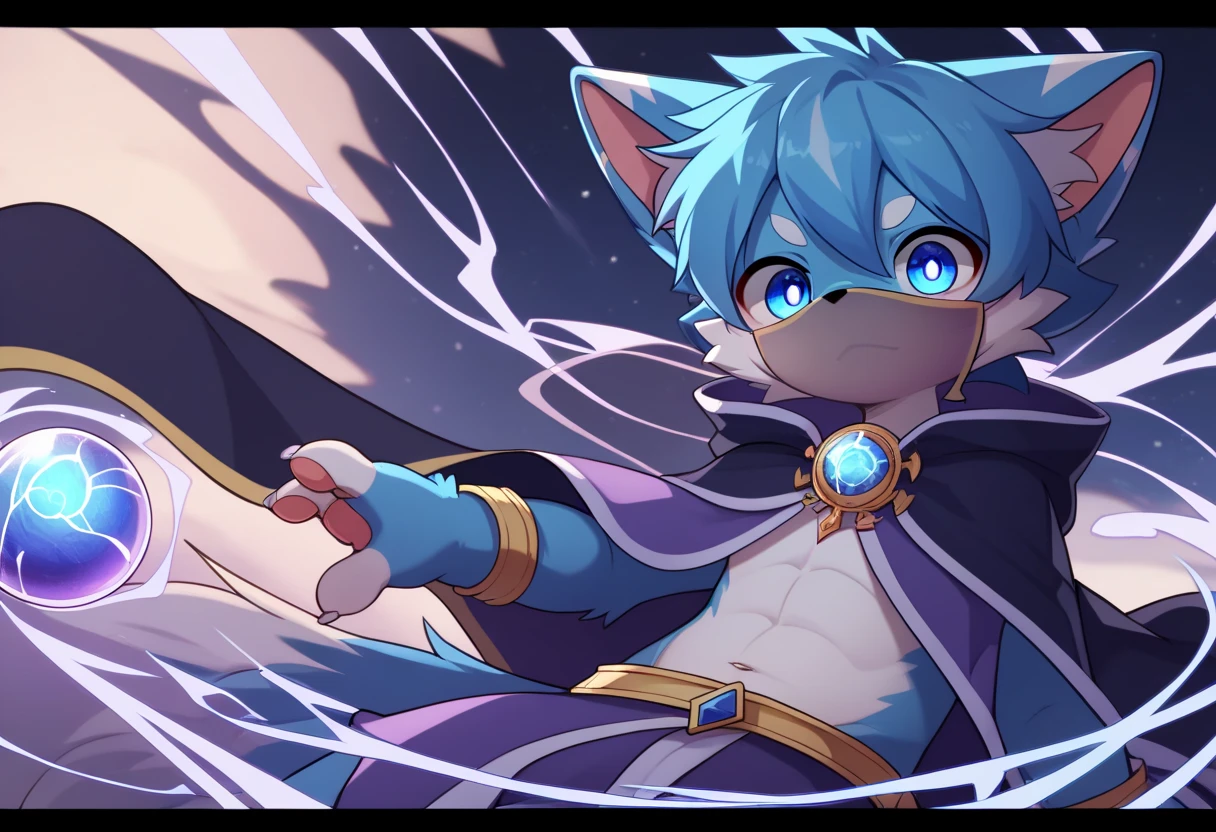 Delicate style with intricately drawn hook lines, representing the artist's meticulous approach to every detail. The delicate skin is portrayed as smooth and soft to the touch, invoking a sense of tenderness and vulnerability. Fine hair cascades down in luscious waves, adding to the exquisite allure of the subject.

A furry tail twirls playfully behind, adding texture and movement to the scene. Exquisite eyes with bright blue pupils capture the viewer's attention, their fierce intensity a striking contrast to the delicate surrounds.

The juvenile wolf-type male appears , exposing his toned abdominal muscles and a hint of