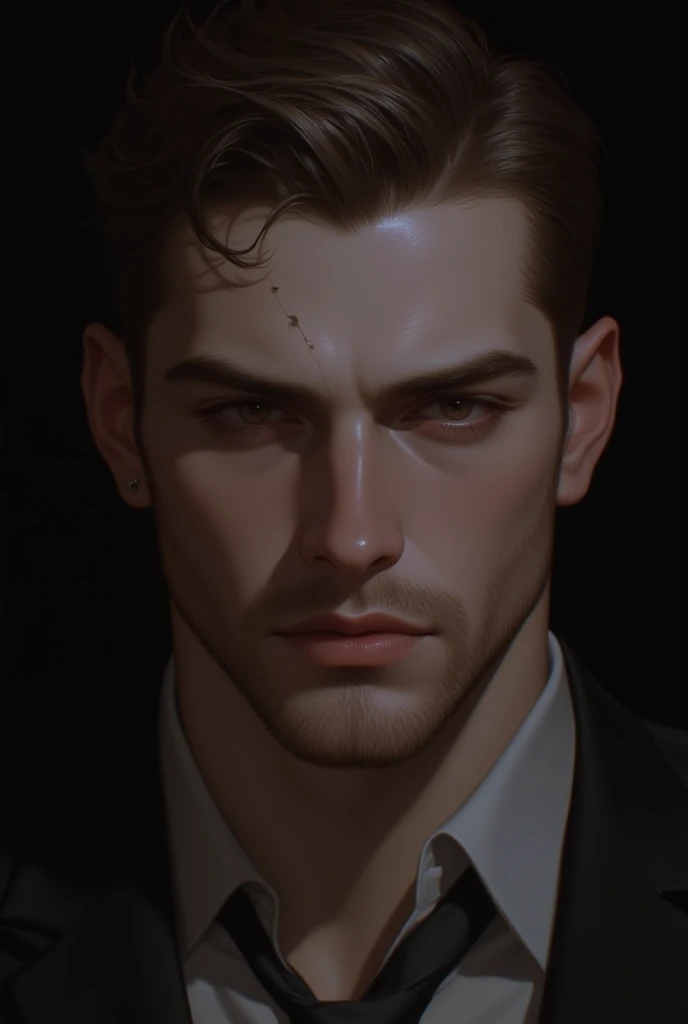 A close-up digital painting of a brooding man, looking directly at the ...