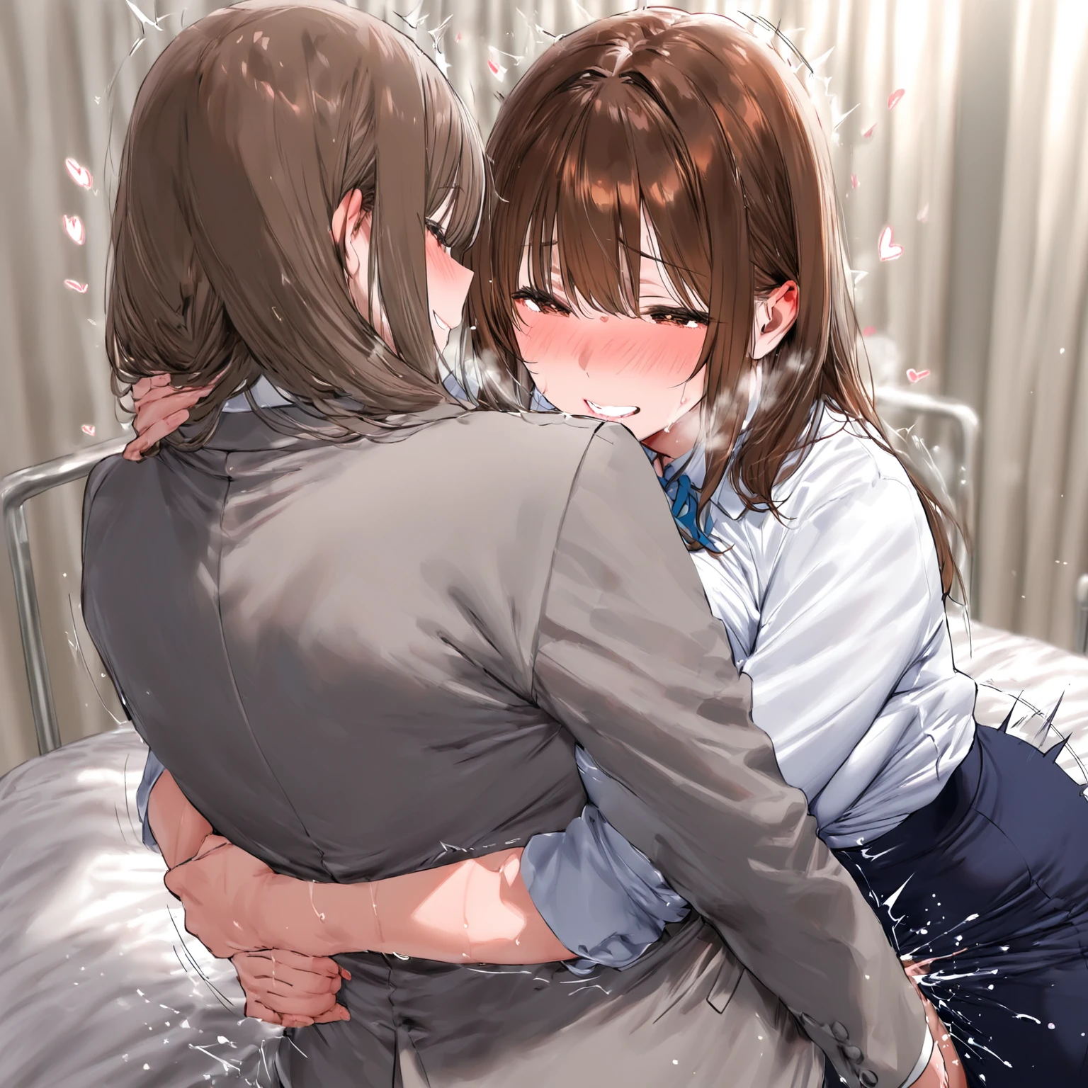 score_9,score_8_up,score_7_up,saurce_anime,rating_,masterpiece, best quality, very aesthetic, absurdres, 1 girl,elma \(maidragon\), kobayashi-san chi no maidragon,brown hair,long hair,ponytail, (huge breasts),huge hip,Glamorous body,,white collared shirt, pleated skirt,Checked Skirt, , ,, , ,on mattress, large ,  in ,alley,, embarrassed,blush,happy, wet, sweat, ,  on body,excessive ,drool,sweat,,,,looking back,focus ass