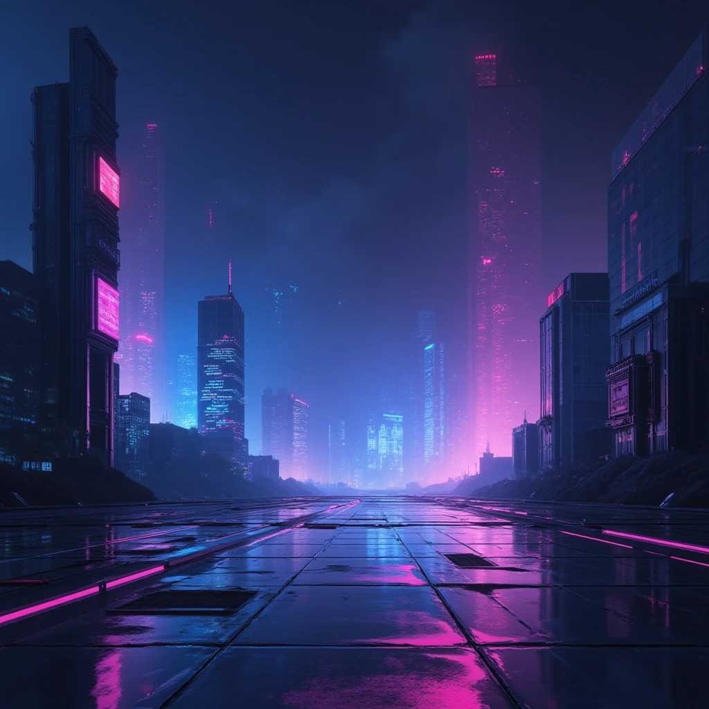 (Raw work) Cyberpunk-inspired city, Illuminated sky, Neon Light, Image seen from zero, Wide landscape, Future City