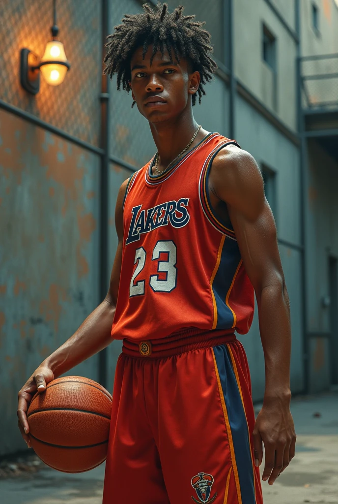 homem arafiado de camisa branca segurando um taco de basquete na frente de uma quadra de basquete, no estilo jordan grimmer, photo no estilo de Tyler Mitchell, no estilo de Tyler Mitchell, mid shot of a handsome guy, Adrian Girod, arte oficial, I agree with you, short shirt and strong abdomen, imagem de perfil, estilo de Jordan Grimmer