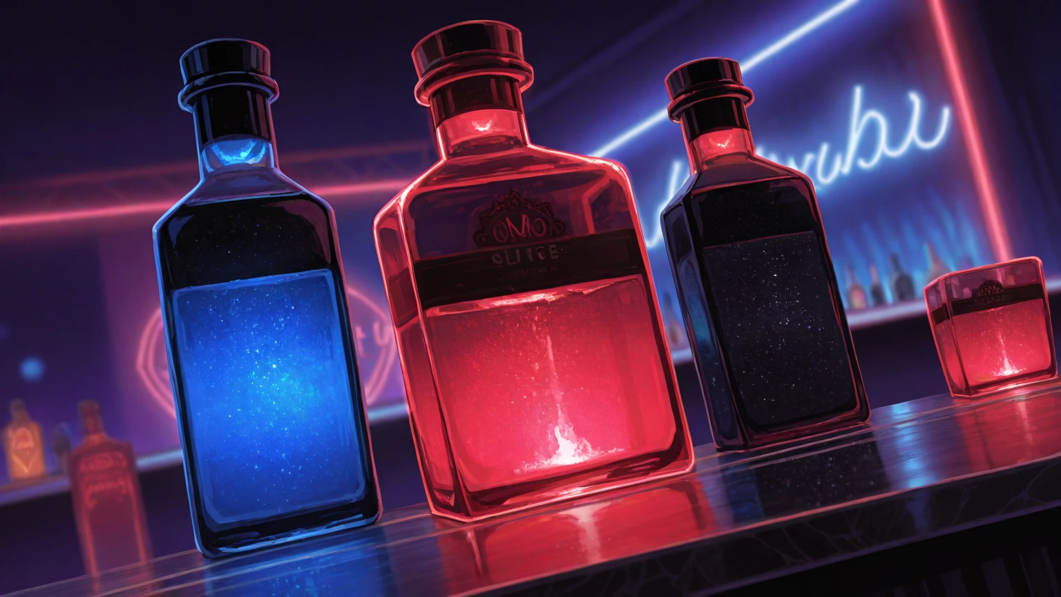 A bunch of wine bottles，cyberpunk artm，syntwave，Neon Glow，glowing neon