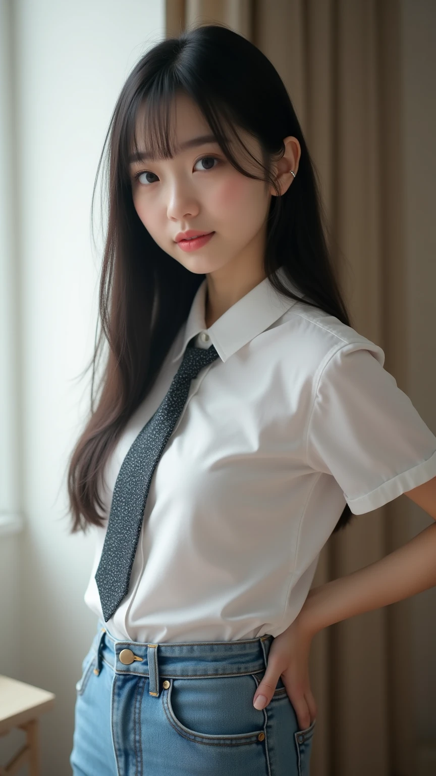 , masterpiece, best quality, 8k, 85mm portrait, absurdres, beautiful girl, (night, upper body:1.5), cute, street, (school uniform, white (the abdomen is visible:1.2) shirt, short sleeve, dark brownish grey pleated (:1.2), dark grey tie:1.2), long hair, slender, neon, (Lianyungang, Akishima, Yeonggwang:0.4), no makeup, (dark red tie:1.2), perspective, depth of field, ultra realistic, highres, photography, sharp focus, HDR, facelight, dynamic lighting, highest detailed, extreme detailed, ultra detailed, finely detail, real skin, delicate  features, shy smiling, ,