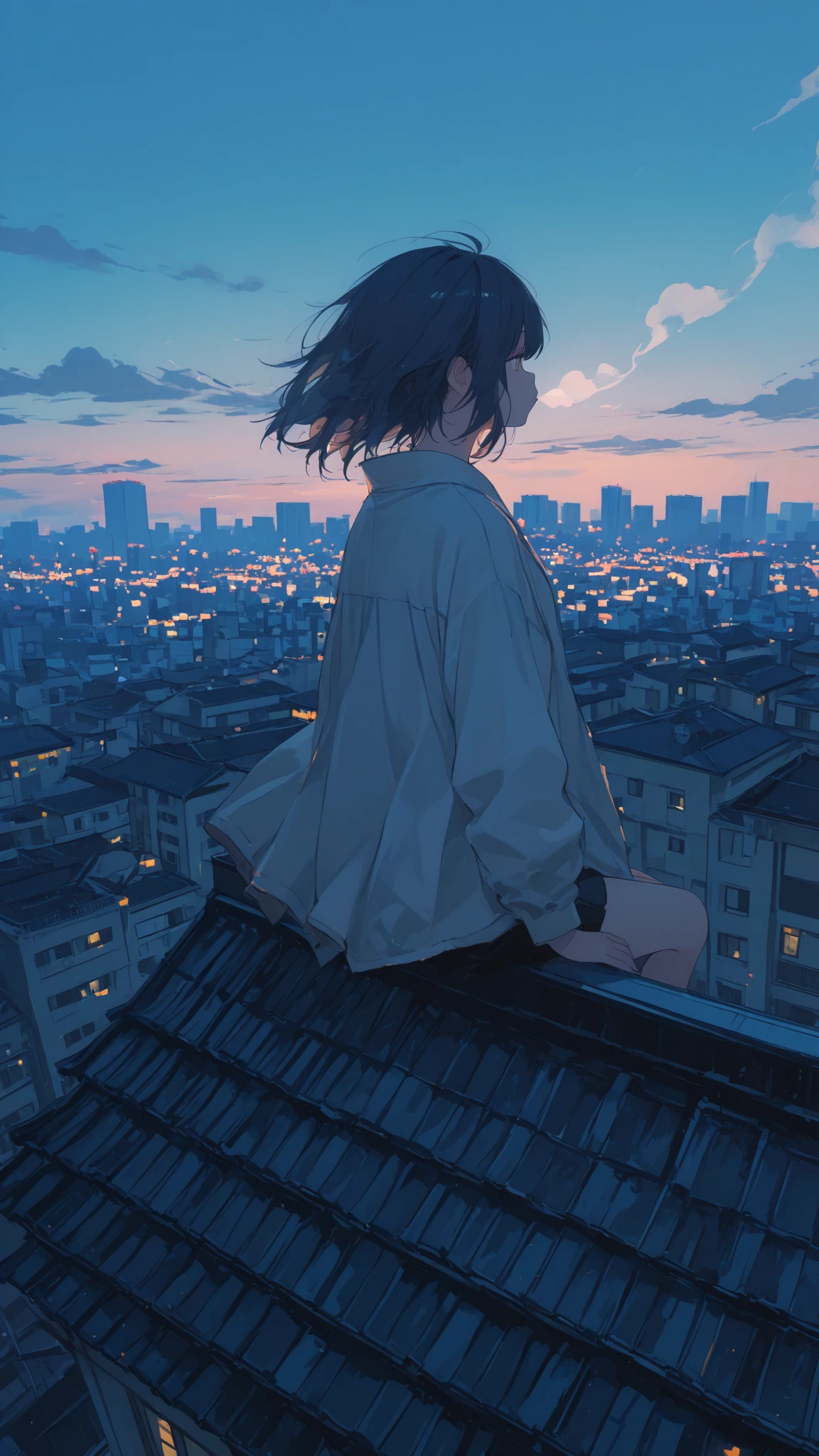 Anime girl sitting on her rooftop writing in her diary about her new boyfriend, on a hot summers day leaning against a warm concrete rooftop wall, a bustling anime city scape below, pigeons on the roof, jet contrail in the sky, high puffy clouds blue skies, highly detailed anime art style, impressionist art style, 8k resolution,