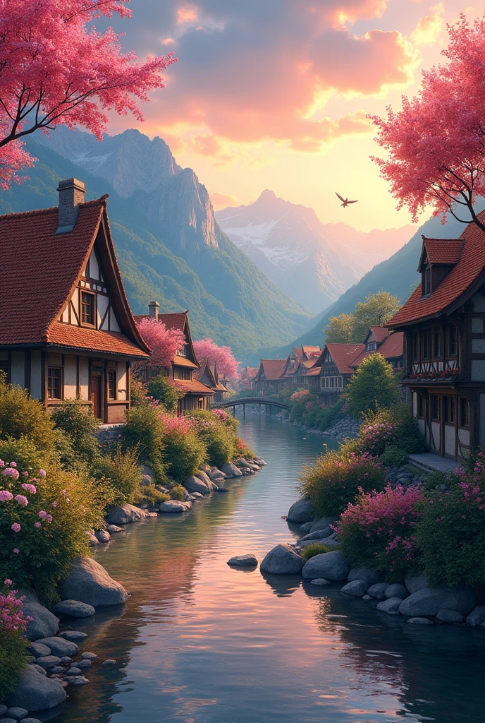 a small village by the river，Background is mountains，Flowers bloom，Brightly colored，Detailed Scenery，Beautiful Natural Scenery，Ambiance Lighting，Burning Sunsets，warm colors，utility，utility摄影，Detailed Leaves，Intricate architecture，cobblestone streets，charming country house，Swirling bright colors，dense vegetation，Intricate architecture，picturesque，Relaxed and Quiet，artwork of a，Best quality，8k，Extremely detailed，Anime Style