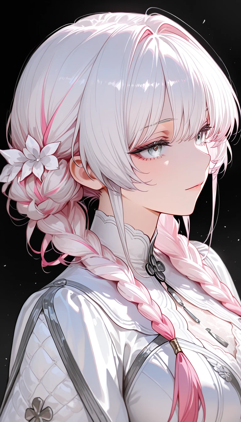 ((A ruined city full of rubble)),(After the war),((Vast landscape full of rubble)),(A boy wearing tattered slave-like clothes),((Soot-stained hair mixed with silver and black)),(Lifeless eyes),((sit with your knees on either side of the ground)),((look up and glare at me)),(Mouth slightly open),((Light pink eyes)),((Monochrome world)),((Black, Gray, white, and light pink)),((Hair ornament decorated with many pink jewels)),( veil),(the veil is swaying in the wind),((Holding a flower in hand)),((View from directly above)),(Sharp eye light),