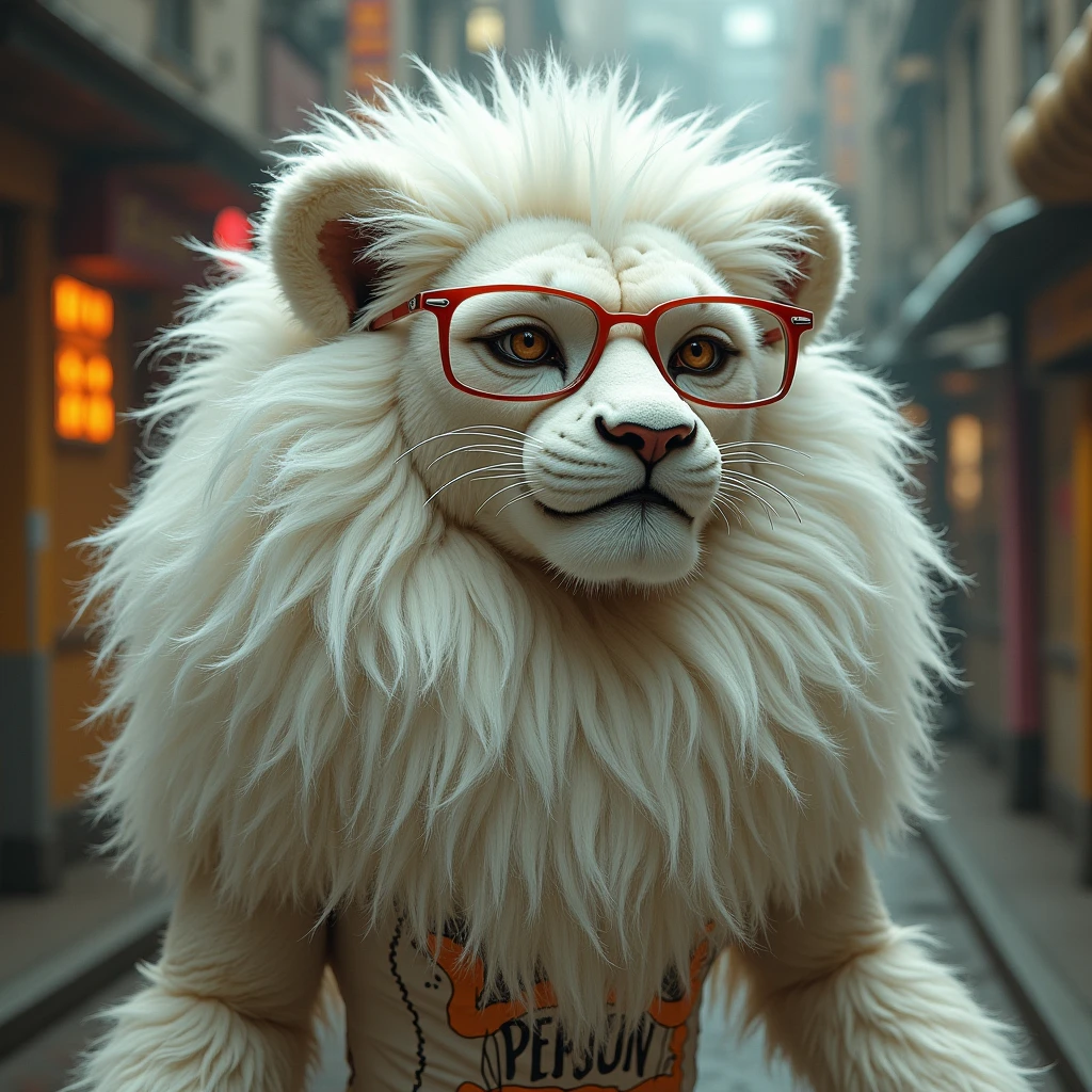 big cat , dangerous, ferocious, white fur, glasses