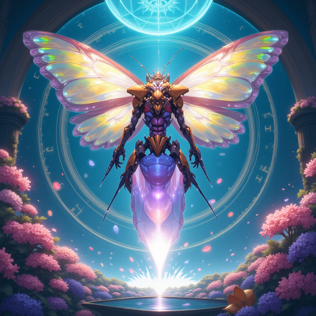 A logo woman standing with a prism on her hand, wearing a robot costume and holding a magic stick. She has Alemante Laike-style butterfly wings—vibrant and geometric, in shades of bright clover-like green, blue, and purple—spreading out behind her. Instead of a cap, she wears a princess crown, elegant and regal, shining on her head. Her robotic costume is detailed with metallic elements, and the magic stick in her hand glows with energy. The background features a misty, surreal landscape with fluffy clouds scattered across a sky in shades of thyme green and soft lavender, blending futuristic and magical elements seamlessly. Her presence exudes both power and grace, standing as a symbol of harmony between technology and fantasy."