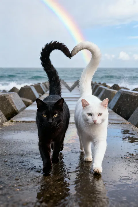 Their tails form a heart—white and black, with a rainbow blessing their love.