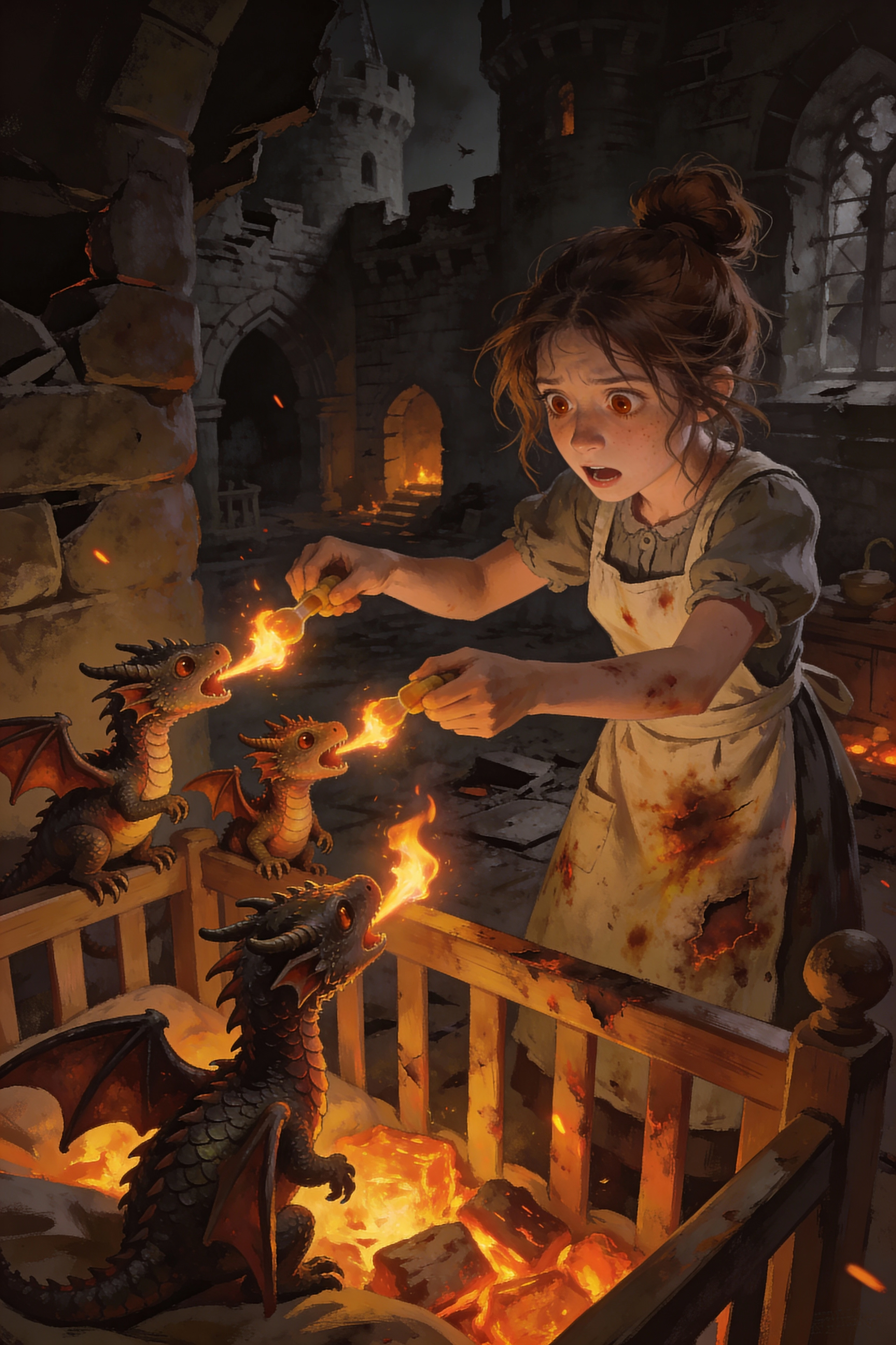 A treasure  mimic opens its toothy maw and chases after a cute halfling thief woman, dungeon, high fantasy
