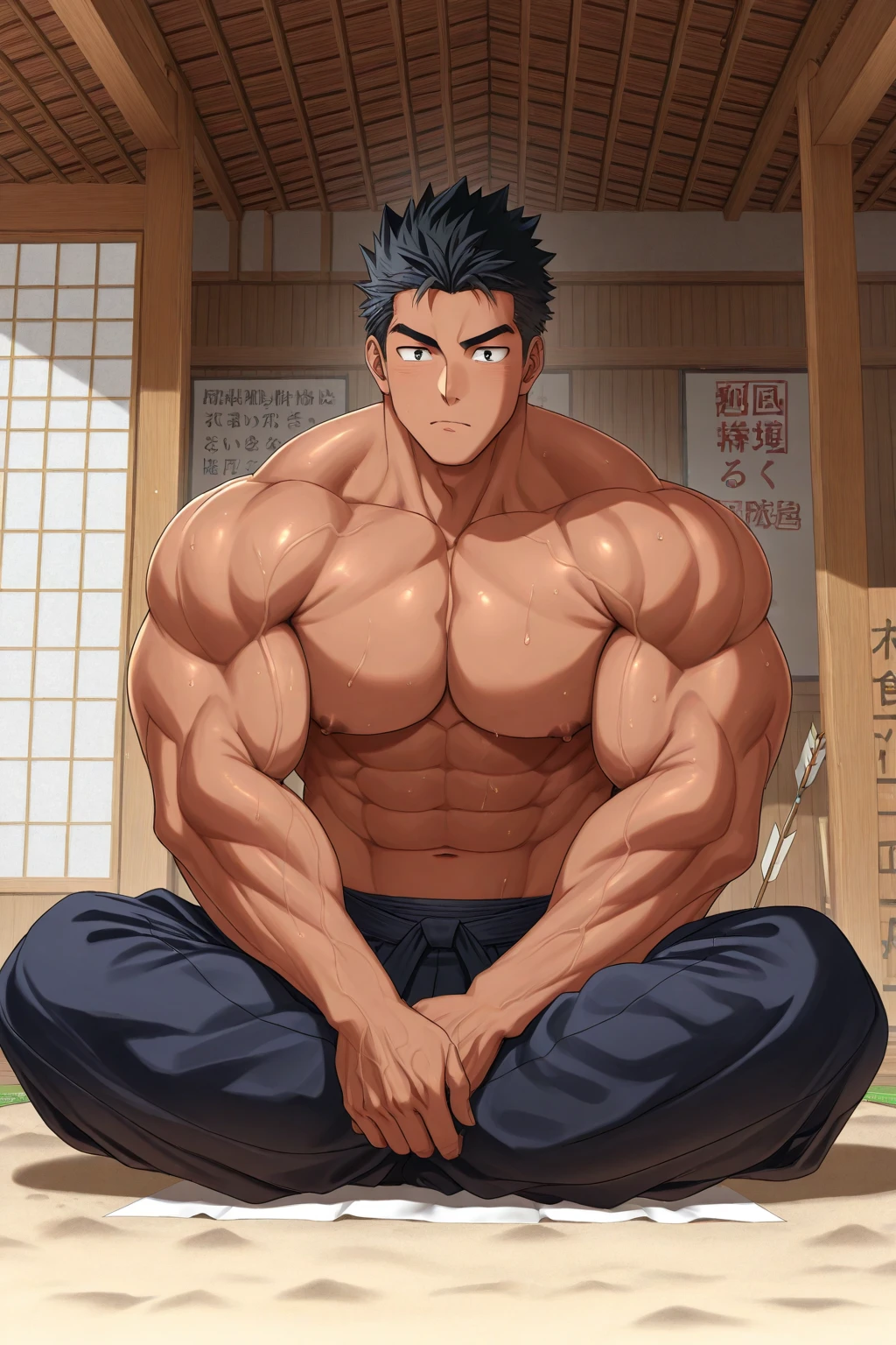 Kiritsugu is sitting and flexing his buff biceps and thighs. He wears black short boxershorts. You can see his thighs completely. He is . He is showing his abs too. He is admiring his arms. He has a huge bulge.