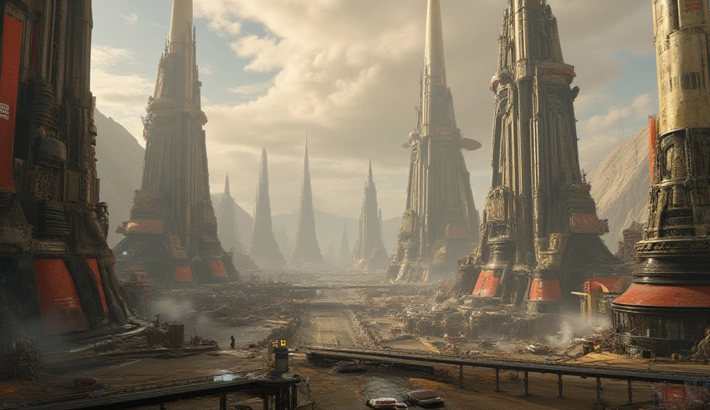 The city of Coruscant from Star Wars as designed by Doug Chiang, futuristic fantasy city with immense buildings of technological design (que forman una avenida infinita), edificios compactor no difuminados, con estructuras acristaladas en plata, oro y bronce espectaculares, (con colores vivos). pavimento ensolado (sin brillo). gente paseando. imagen bien definida con muchos edificios juntos. imagen nitida bien definida 8k. los edificios llegan alta el fondo.,8k. imagen cinematografica. iluminacion hora dorada. calidad superior. (obra maestra).