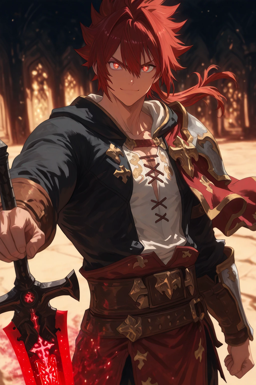 absurdres, best_quality, masterpiece, hi-res, uhd, 5k, 1boy, solo, alexanderfgo, crop top, skirt, waist cape, cape, off the shoulder, fighting stance, confident, grin, greece