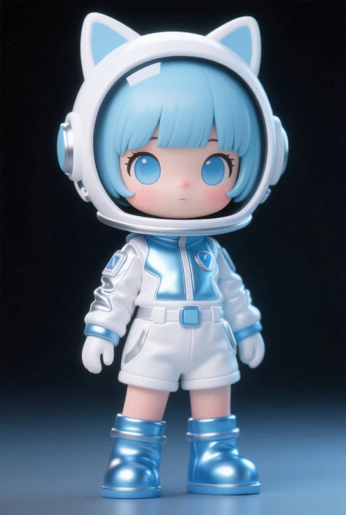 there is a doll with blue hair and a blue outfit, a low poly render inspired by Hikari Shimoda, trending on polycount, neo-dada, render of a cute 3d anime girl, nendroid, porcelain cyborg, portrait armored astronaut girl, nendoroid 3 d, portrait anime space cadet girl, anime robotic mixed with organic, blueshift render