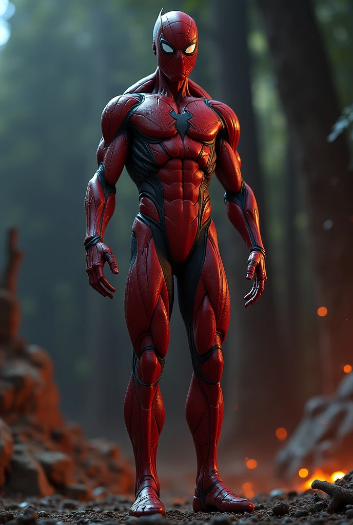 Carnage Spider-Man from Marvel, frontal, full-length, looking at the camera, facing the audience, standing pose, simple background, three-dimensional light, detailed full-body concept, sleek digital concept art, beautiful full-body concept art, art trend, full-length CGsociety,
