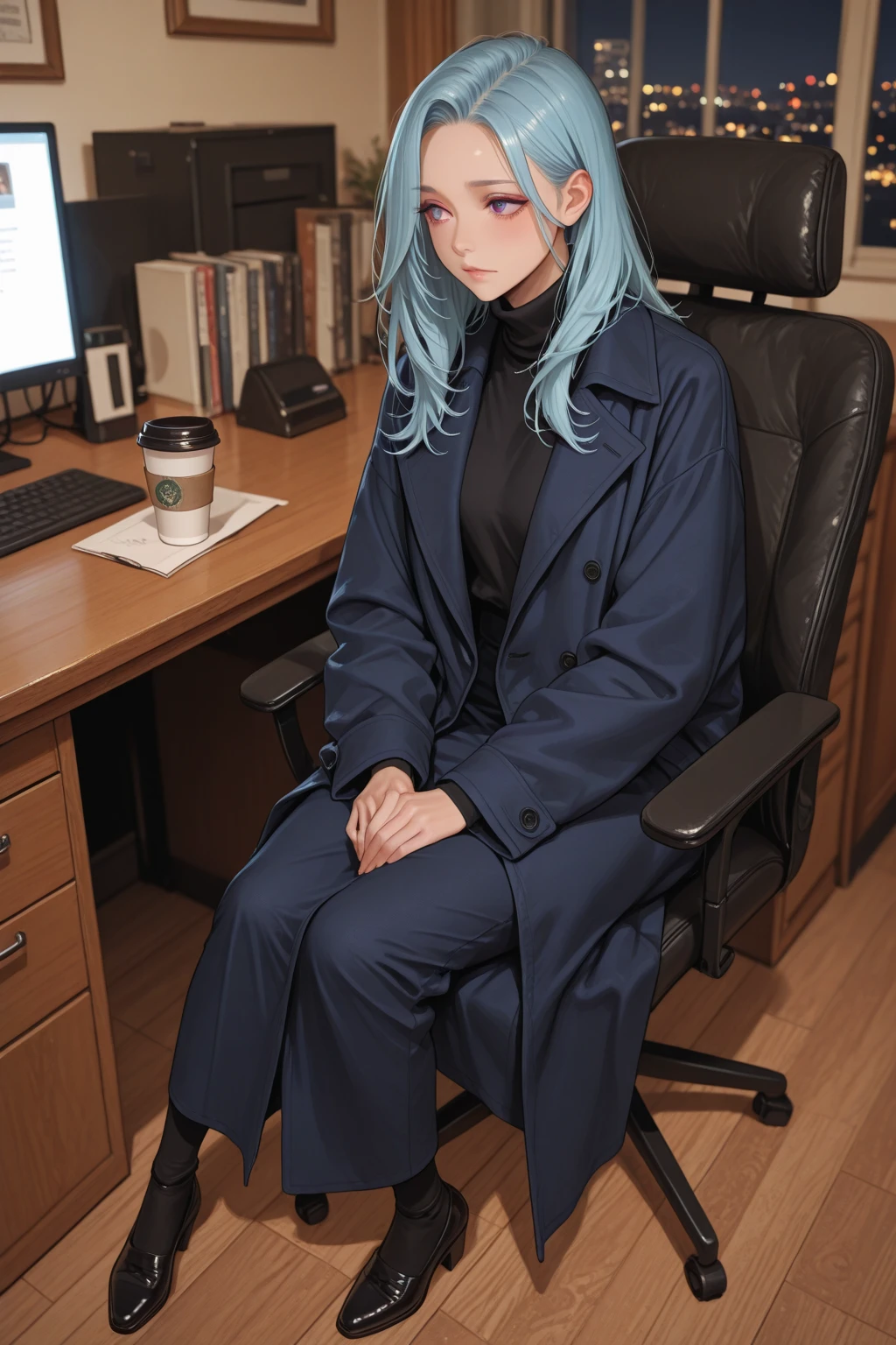 masterpiece, 最high quality, high quality, High resolution, One girl, alone, Blue Hair, Long Hair, blue eyes ,Long white coat, Knee socks, Are standing, Put your hands in your pockets, boredom, Depth of written boundary, Research Room,nwfs,Leaning forward, 