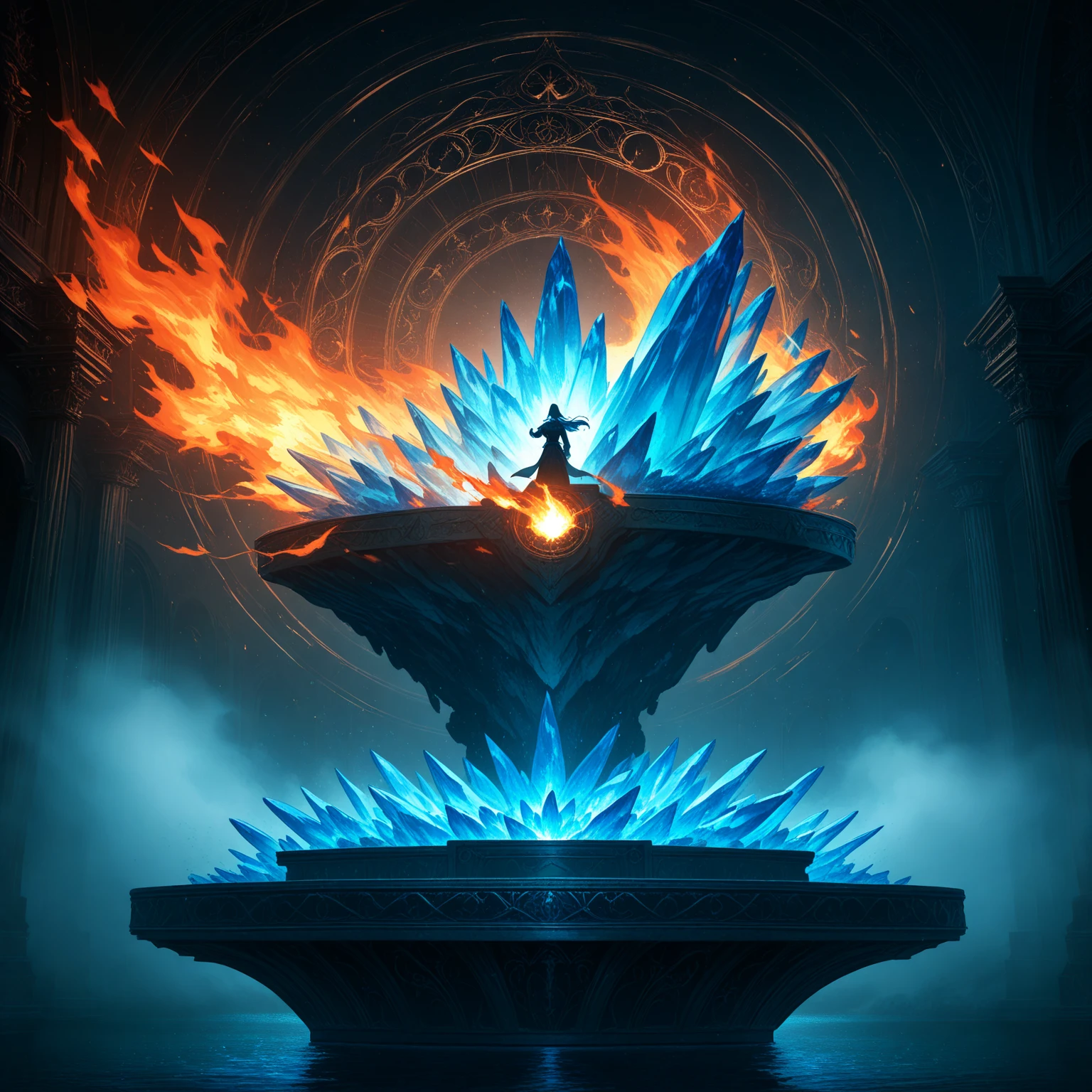 A demonic warrior，In a fiery world surrounded by lava and rock，Fire flowed from his body