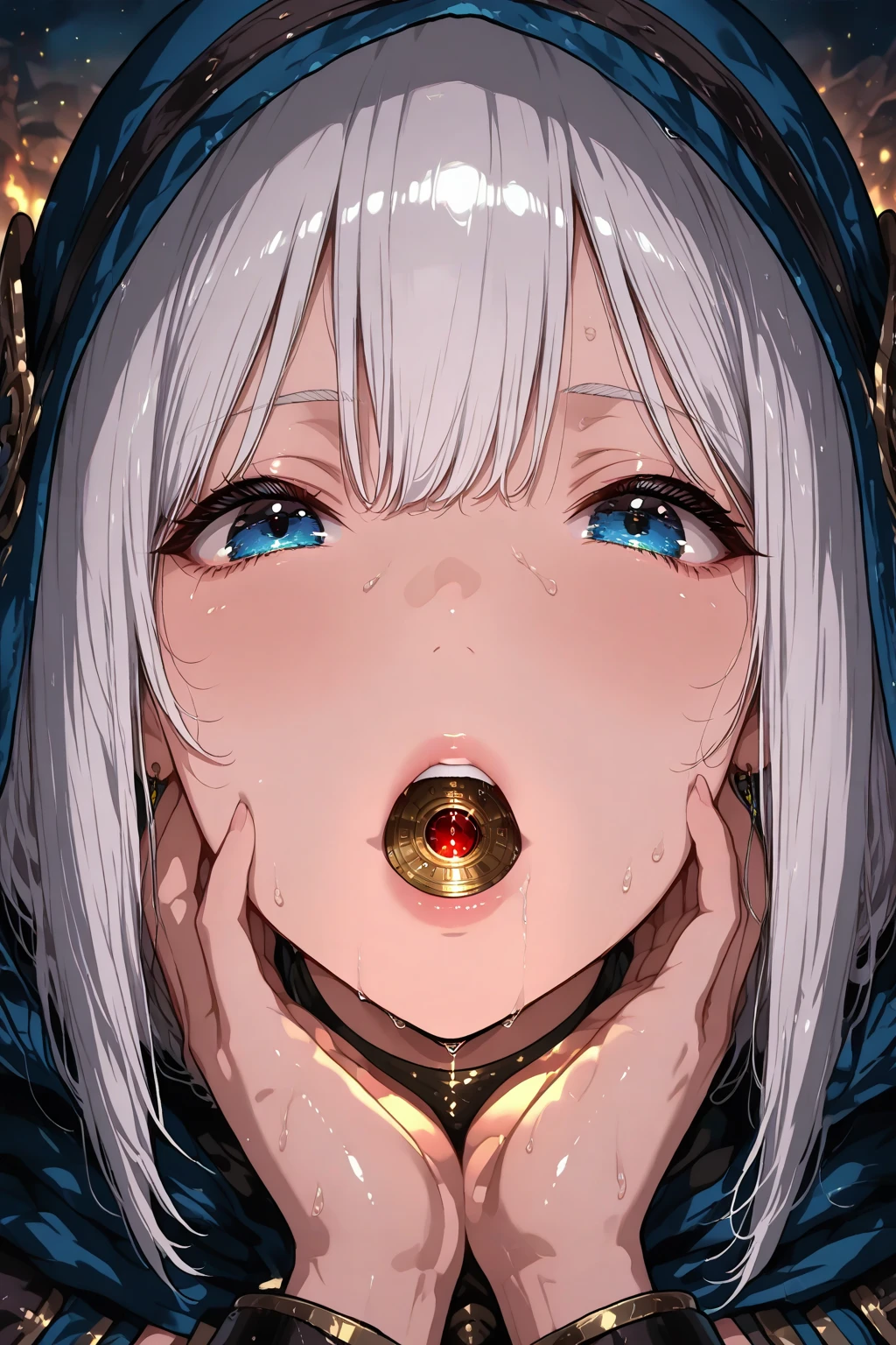 yorha 2B, Nier automata, (black visor, yorha visor), mature woman, young face, brunette hair, mature body, medium , dirty alley, (resting on the wall, helpless pose, limp body, defeated pose), above view, (grotesque , multiple , everywhere), (head turned to the side, in mouth,), ( peeing, drinking, drinking , everywhere, peeing on hair, peeing in mouth, peeing on face, into mouth),