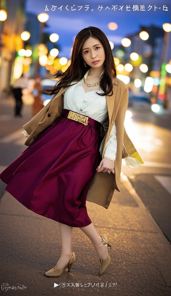 A smiling, authentic, (shy:1,3), kind, beautiful woman, is passionately in love with her skirt, wind wildly flowing her skirt, wearing short blazer and (long (fully pleated) full circle skirt) and (low heeled court shoes), very, very intricate hyper-detailed symmetric (attractive graceful young feminine face) with (sad, tired eyes and a loving smile), very , full of empathy and compassion and love, (pronounced (feminine) features), (highly detailed ultra accurate realistic) hands and fingers, (windy), epic composition, highly detailed attributes, (35mm f1.4 Kodak portra 400 photograph), extremely high quality RAW photograph, highly detailed atmosphere, sci-fi, cinematic shot, dynamic lighting, 75mm, Technicolor, Panavision, cinemascope, sharp focus, fine details, 8k, HDR, realism, realistic, key visual, film still, superb cinematic color grading, depth of field