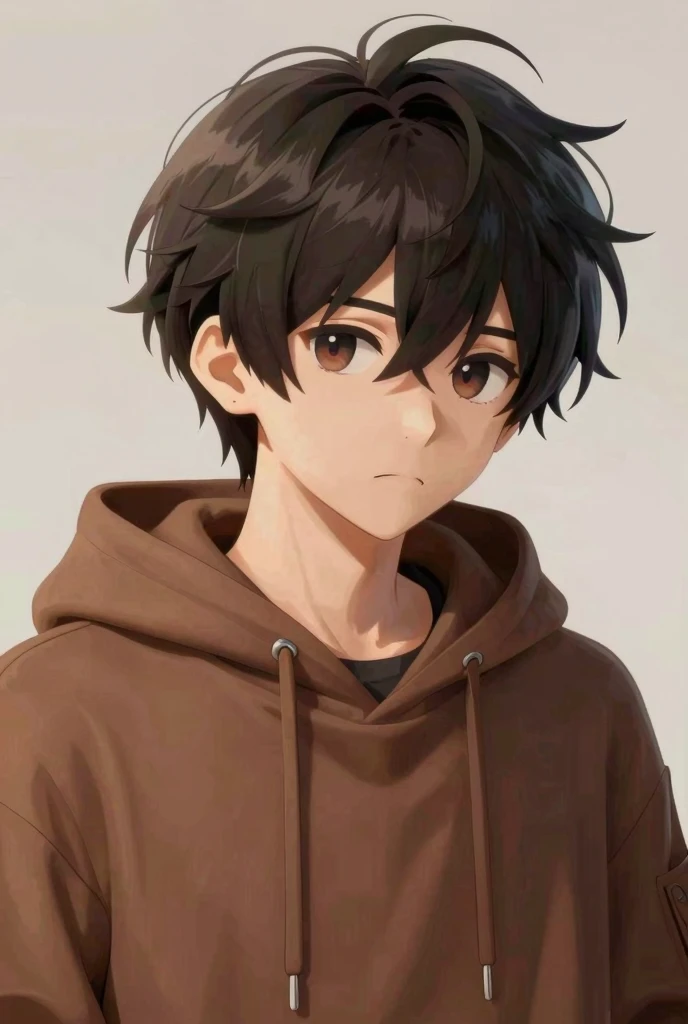 Minecraft character as a detailed anime boy, wearing a brown hoodie, messy dark hair, high quality, soft lighting.
