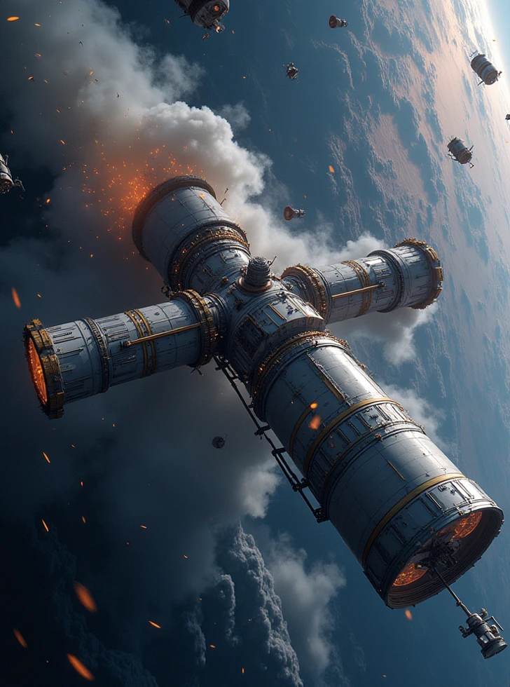Collapsed space station, power loss, satellite orbit, outer space ...