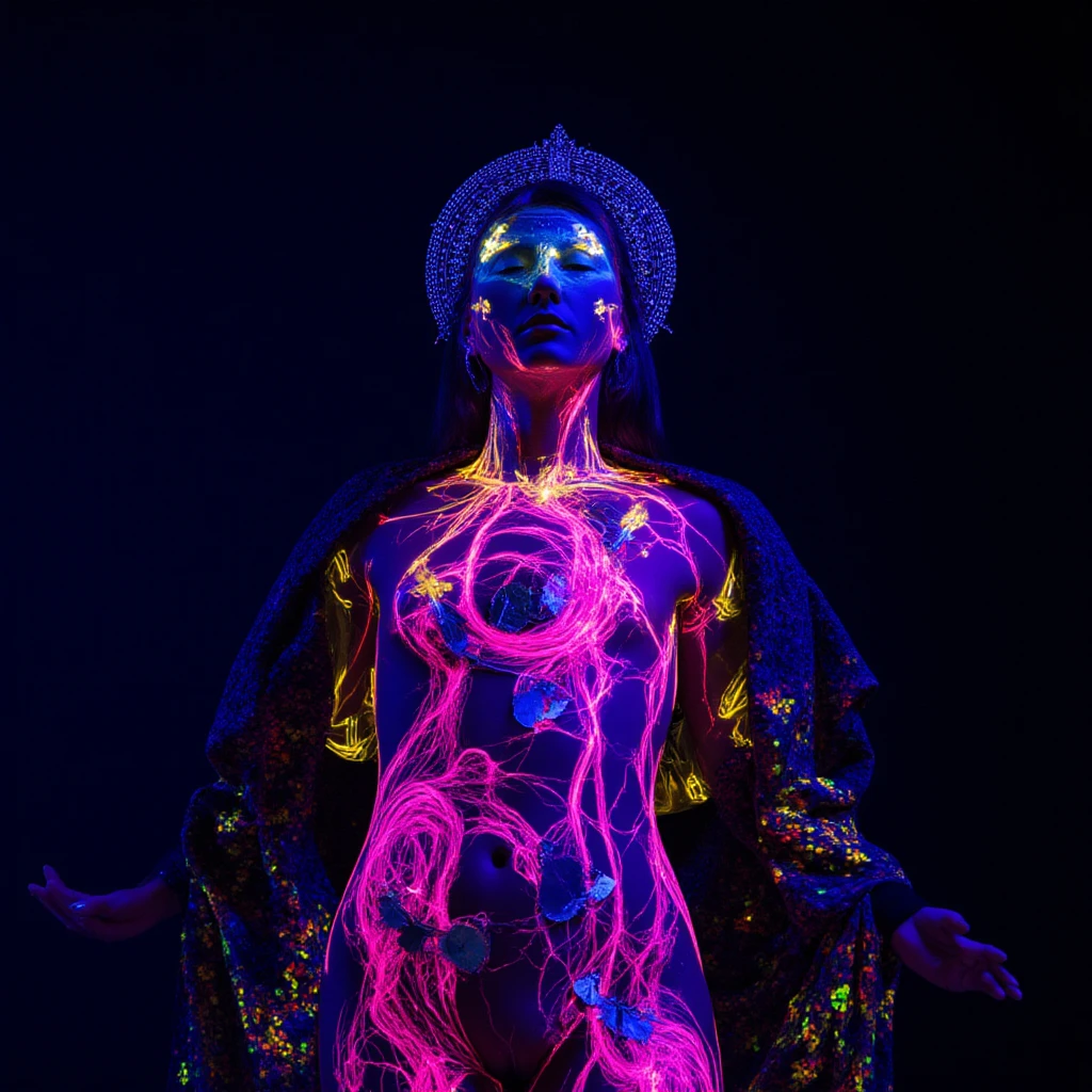 Beautiful symmetrical full body photo painted in oil with thick brushstrokes and wet paint, Fibonacci, golden ratio, melted wax, visible brushstrokes, surrounded by crystal spheres, 3D tessellation wireframe, neural graphic, neurons, tree of life, color, love, passion, oil on canvas, thick brushstrokes, insanely detailed, 8k uhd, masterpiece, artstation, surreal