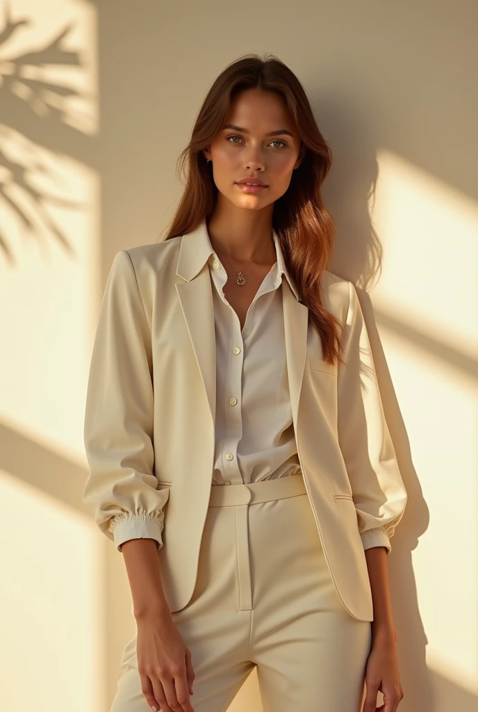 Create a fashion poster featuring a women's blazer as the main product, with the brand name 'N'Lin' prominently displayed in the image. The poster should exude elegance and sophistication, appealing to young women with a refined and trendy sense of style. Use a minimalist design with a clean background, focusing on the blazer's details and quality. The typography should be sleek and modern, and the placement of 'N'Lin' should be tasteful yet noticeable, reinforcing the brand's identity within the high-fashion market
