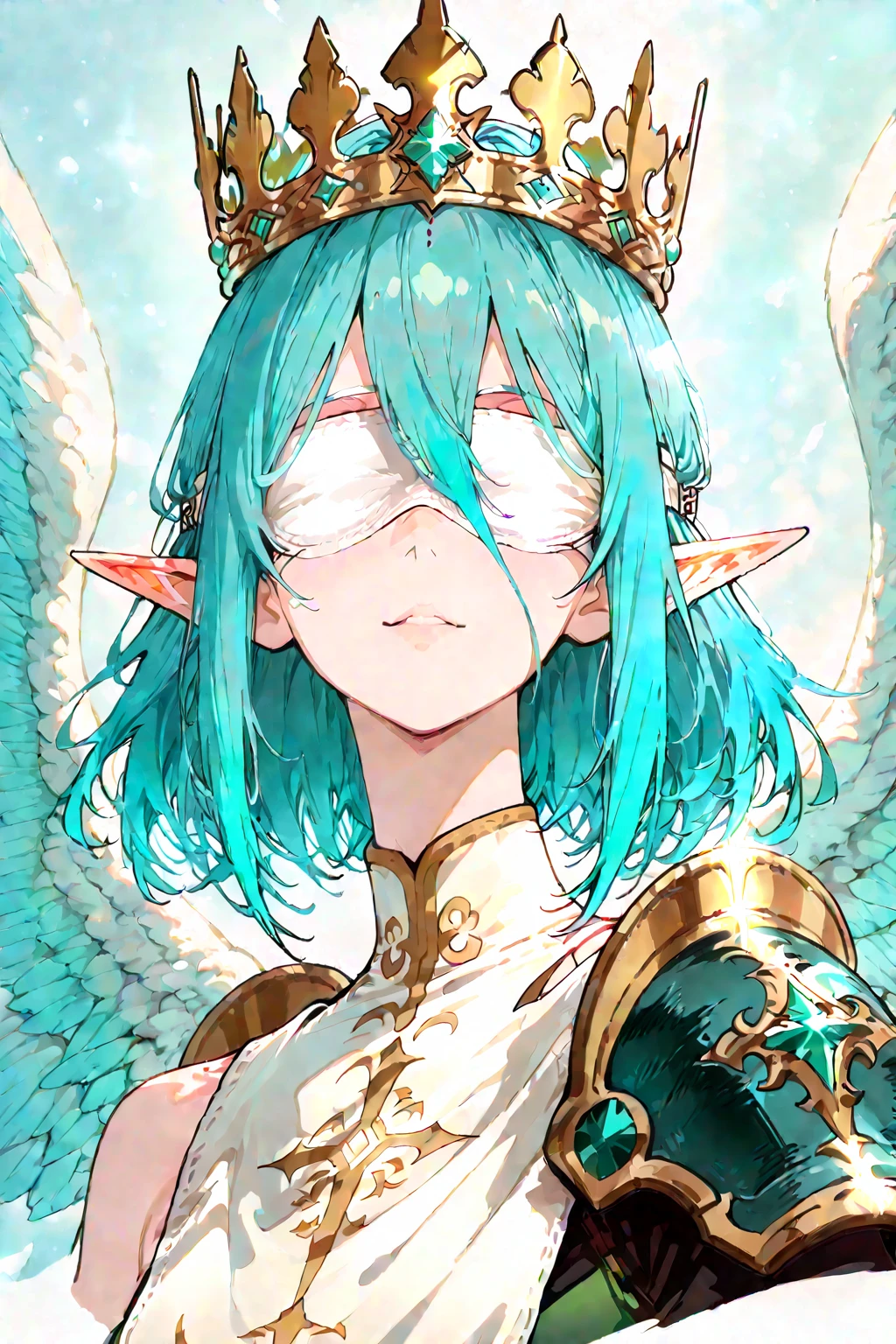 1 male, solo, masterpiece, best quality, (grin, looking back:0.5), (light green hair, long hair, fluffy hair:1.2), pink eyes, tan skin, (, partially wrapped in blankets, sitting in bed), collar, animal collar, leather collar, bedroom, Middle Ages, fantasy, (fairy wings, large wings, light blue green wings, white wings, sparkle wings)