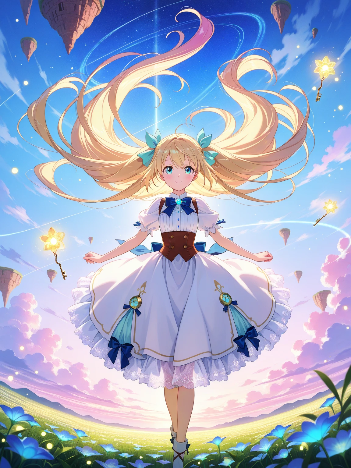 photo realistic, photo realistic, photo realistic, (masterpiece,best quality:1.4),(8k,raw photo,photo realistic:1.2),, detailed skin,detailed face,1girl,Japanese idol,cute face,Child,petite, Girl Standing On Water、blonde、Wavy Hair、blue eyes、semi-long、、白いfrills、lift your skirt、Light blue dress、beautiful eyes、Sparkling、Eyes that seem to be sucked in、Standing Girl、one girl、１４age、Beautiful scenery、moonlight、A very big moon、Beautiful starry sky、shooting star、high resolution、night view、The Lost City、barefoot、whole body、Scattering Flowers、Hanabubuki、pretty fingers、beautiful feet、small 、girl in return、broken town、Fluttering feathers、frills、画面全体がSparkling、Lots of feathers、fantasy、mysterious、upper body up、rainbow light、