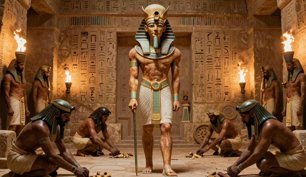 (best quality,4k,8k,highres,masterpiece:1.2),ultra-detailed,(realistic,photorealistic,photo-realistic:1.37),gay,vampire,egyptian pharaoh,tall and elegant vampire king,wearing a luxurious golden headdress and black cape,dark and mysterious eyes with a hint of red,sharp fangs,standing in a grand Egyptian palace,adorned with intricate hieroglyphics and ornate pillars,glowing moonlight shining through stained glass windows,casting ethereal shadows on the marble floor,subtle hints of ancient Egyptian symbolism,soft golden light illuminating the vampire king,powerful aura surrounding him,commanding the attention of all who see him,fierce and proud expression,ready to conquer the world with his immortal power