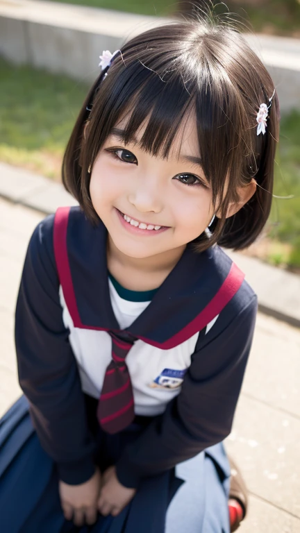 Japanese,10 years old,Innocent face,,Open your mouth wide,Sticking out ,Showing ,cute,Look Up,Summer sailor uniform,Summer clothes,Shortcuts,Sit on the ground,Photograph the whole body,Knee-high socks