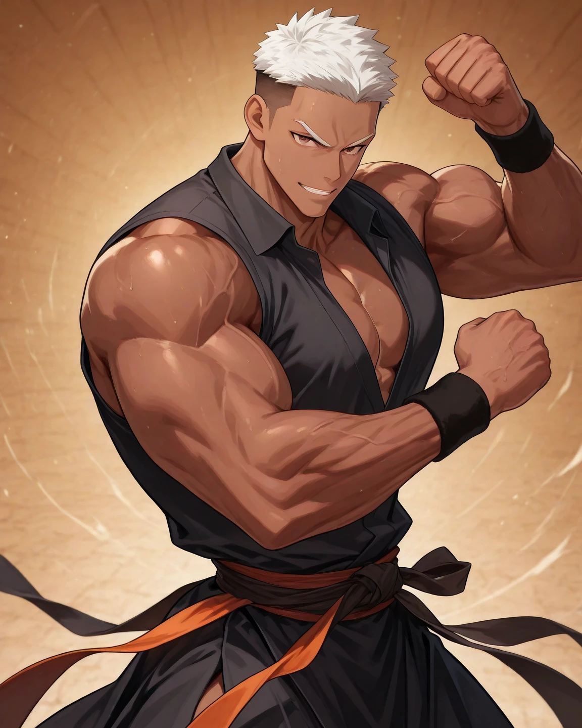 a mais alta qualidade, 8k, high resolution image, Jujutsu Kaisen estilo anime , Arataki Itto, Detailed strokes, fundo desfocado, (um estilo de capa de revista),  luz roxa refletindo nele , (angulo de perto), 1 homem, jovem, macho, modelo, front with hand in pants pocket    , multicolored background with various geometric shapes , em volta adesivos, musculoso, cabelo vermelho e branco, peitoral inchado, wearing a tight shirt  , olhos marcantes , com a camisa, peitoral inchado