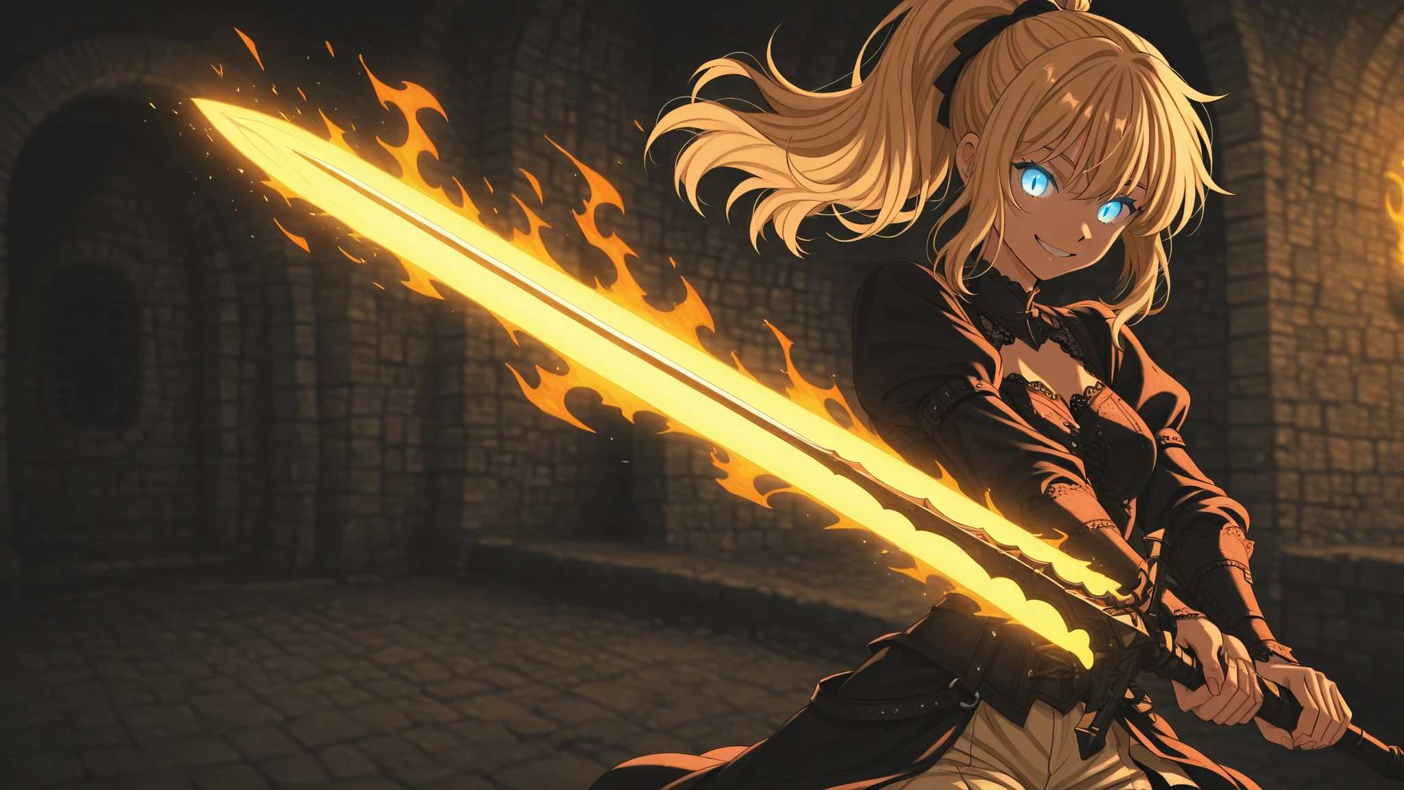 (((Solo)))、Highest quality, Best Quality、8K、(Full body character concept、detailed)、(((Gray simple armor、Black trousers、Black gloves))、(woman、18-year-old)、(Blonde、Long Hair)、(((Grab the sword)))、(Glowing light background)、(Fighting stance,)、Dramatic Angle、(Blue and yellow aura)、(From the side、profile)