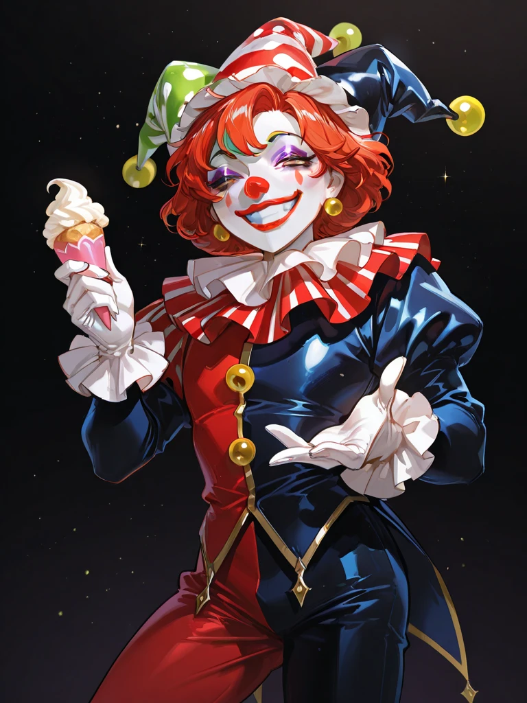 Woman dressed as a clown painted her face like a clown with a big psycho smile and blood on her face with a bat in her hands and with a big butt and big thighs 