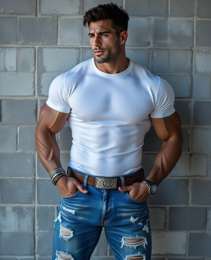 obra maestra, Mejor calidad, high resolution, Retrato de primer plano, (1 chico:1.4) A man in a lumberjack suit (cuadros blancos y negros), cuerpo completo, muscular, (con camisa: 1.2) enfoque masculino, enfocarse solo, piel bronceada, 38-year old man,  muscular, fuerte, peludo, Masculino, (descamisado: 1.2), HDR, volumetric lighting, (plano general, desde el frente:1.2) (GS-Macho :1.5) (magnificent landscape:1.2). Blue jeans backside , jeans de espaldas, backside 