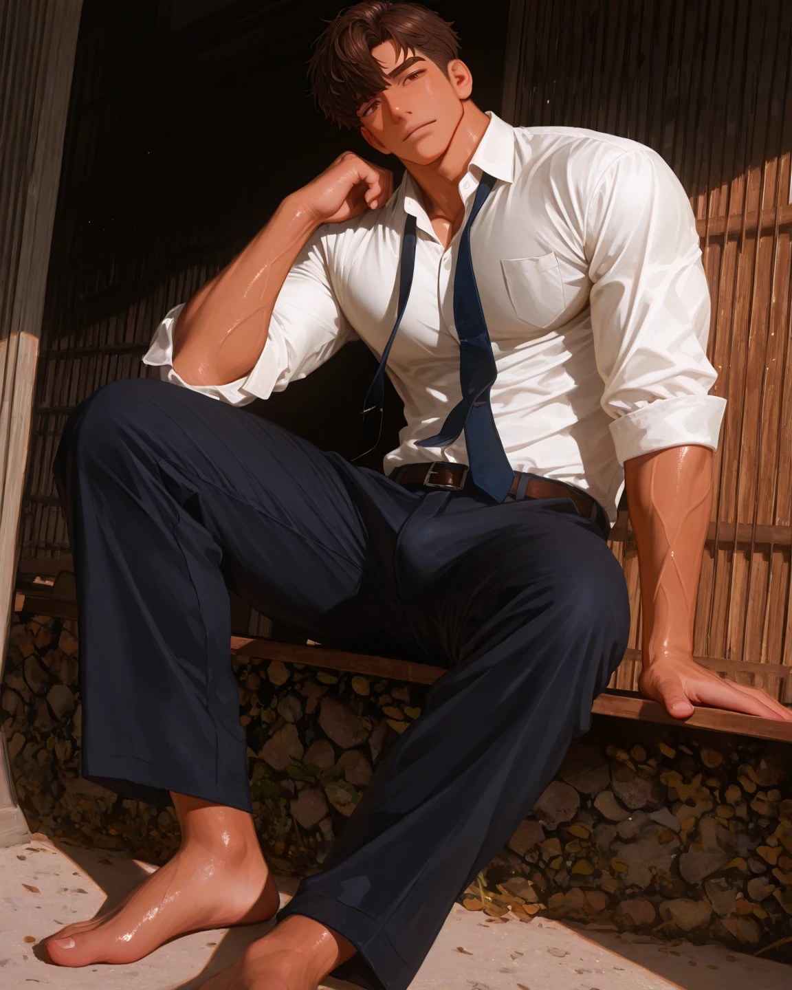 45 yers old，Hidetoshi Nakata ，（Kogoro Mouri 1.3），浴室，A man sits down，Raised butt，leg wide open，Crotch contour，wearing an sexy ，with mustache，tmasterpiece，k hd，the feet， sports vest，semi ，black long socks，The barefoot，Thick chest hair，dark-skin，green color，scowling