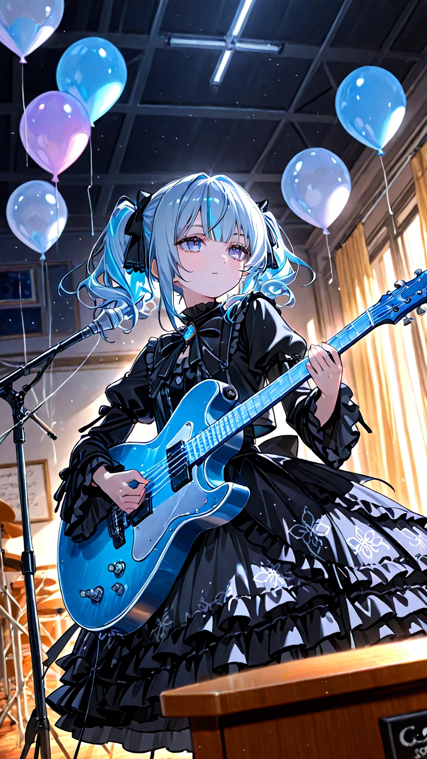 (((1 person　Gray Hair　dress　singer　blue eyes)))　((High resolution　short hair　青いdress　Black Skirt　Rin々Funny face))　((Close-up))　((Open your mouth　Shining Aura　On stage　Guitar solo))　(smile　Exposure to blue light)　Shining Background　Shining Edge