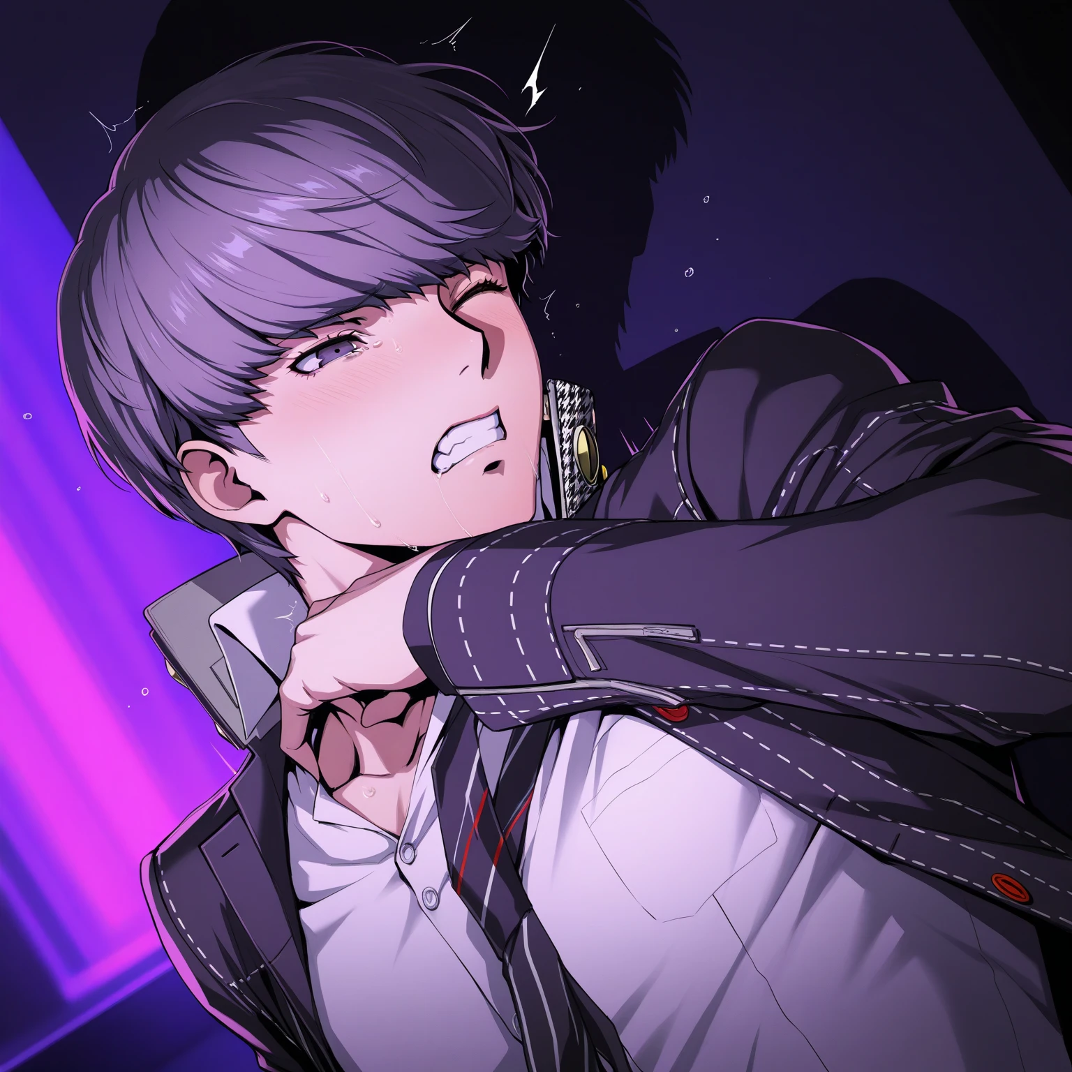 best quality, masterpiece, hunky male kpop idol with purple ombre hair and , ,  with another man, blond hair, drooling, muscular, on colourful led stage, aggressively , rough , rave concert, crowd happily cheering them on, sexy, gay, homoerotic, ambient lighting, extremely dramatic shadows, front view, perfection, no watermark, no logo, no signature