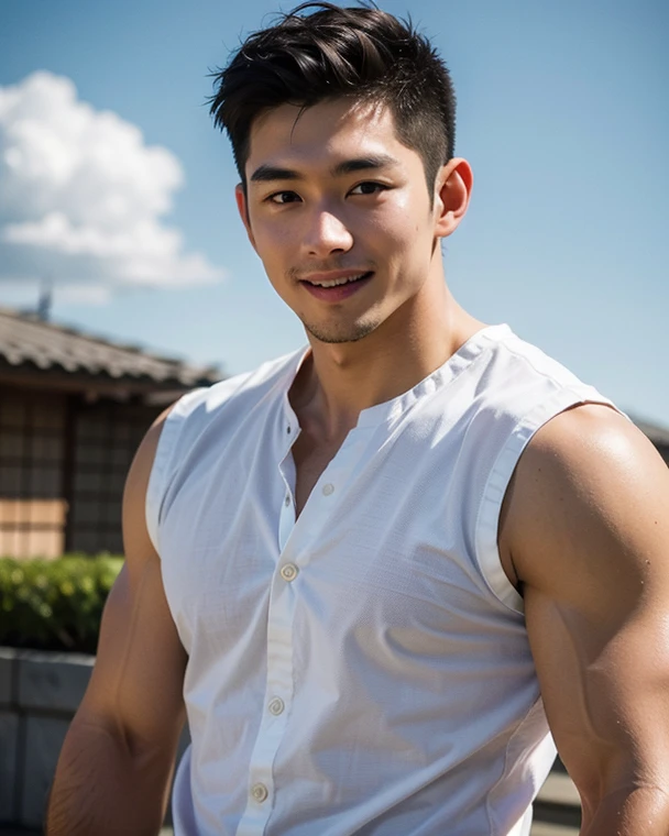 Masterpiece, best quality, High quality, วอลล์เปเปอร์ CG unity 8k ที่มีvery detailed, depth of field, HDR,,photorealistic,very detailed, 1 man sitting on a chair, Asia, black short hair, , (Thai , white shirt), blue cargo shorts,  muscles, Big arm muscles, blood vessel, big muscles, Broad shoulders, looking at the audience, Balancing the eyes, (Make eye contact) (outside the building:1.3)