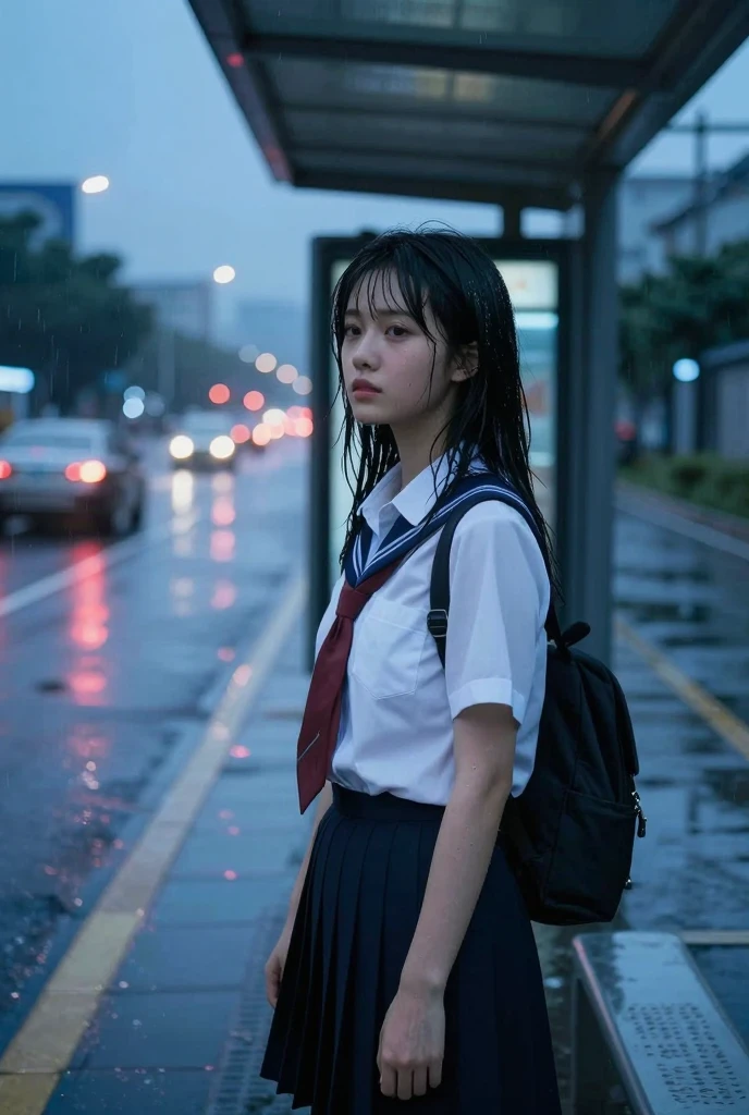 A girl in uniform waiting for a bus at a bus stop after the rain ...