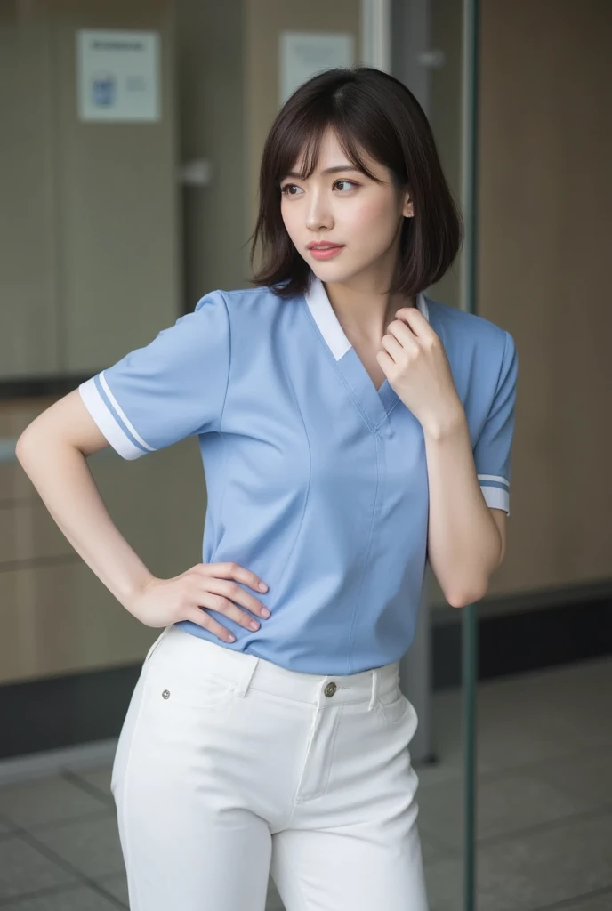 POV, (ojou-sama pose:1.5), (Cowboy shot:1.2), (masterpiece:1.3), high resolution, ultra detailed, extremely detailed CG unity 8k wallpaper, realistic, photo-realistic, RAW photo, beautiful detailed face, Korean woman, pale skin, realistic skin, detailed cloth texture, detailed hair texture, Perfect proportion, Beautiful Face, accurate, Anatomically correct, Highly detailed face and skin texture, natural neck length, (beautiful hands), (fair skin:1.2), Thin legs, Thin feet, BREAK Detailed eyes, symmetrical eyes, Light Brown eyes, Double eyelids, Thin eyebrows, (Glossy lips:1.4), (Goddess smile:1.2), BREAK (A Classy and Cute girl:1.3), (Wearing medical uniform:1.2), (medium large :1.2), (slender figure), (Dark brown hair, wavy hair), ((Medium long hair, asymmetrical bangs:1.2)), (looking at viewer:1.2), From front, BREAK, (hospital bed:1.2),