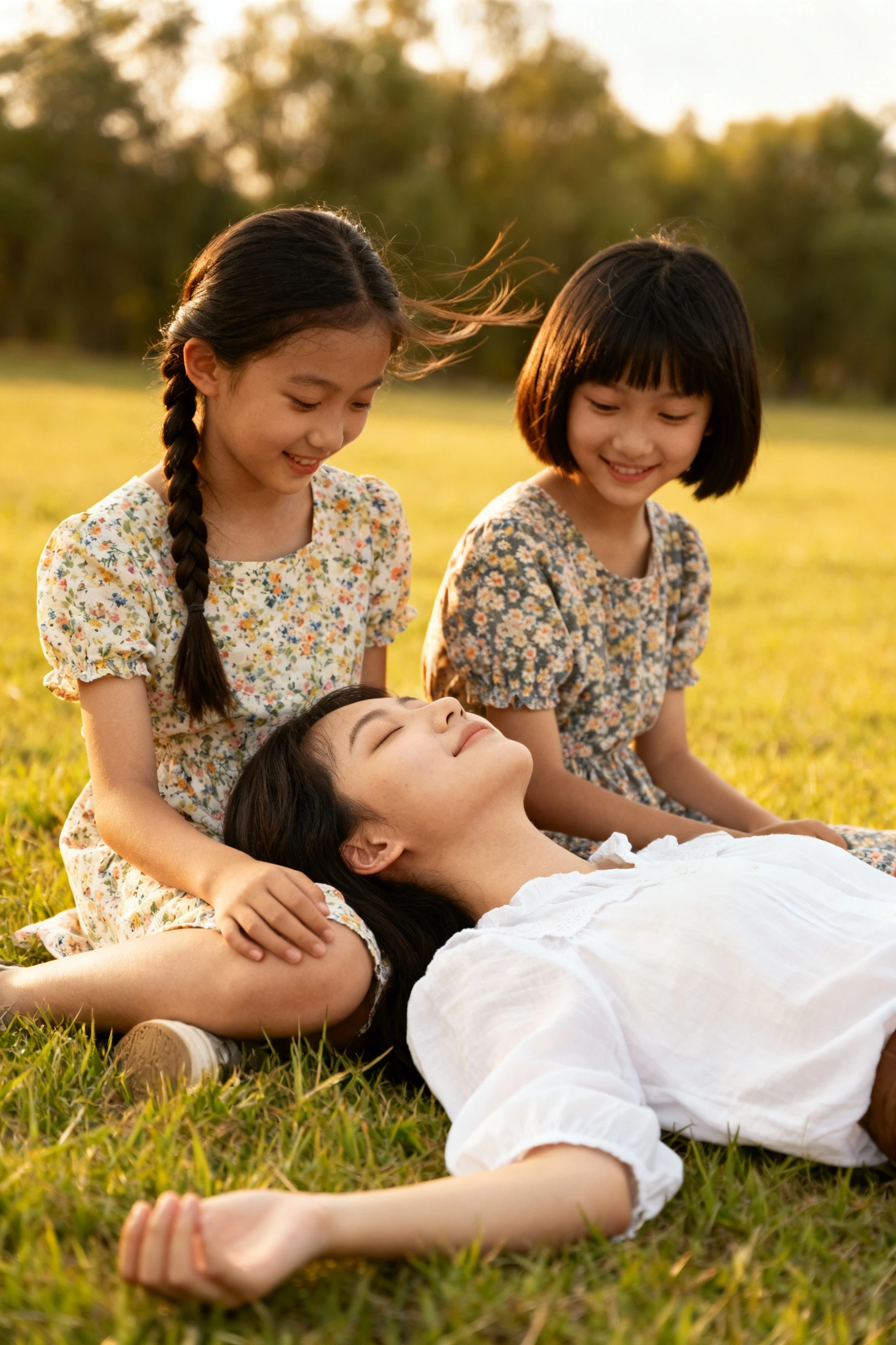 She is an 11-year-old girl, black hair, long hair, honey-colored eyes, warm look, tender look, smile, happiness, tranquility, peace. She lives in a house in the forest, forest and trees, many flowers, blue sky, sun. radiant