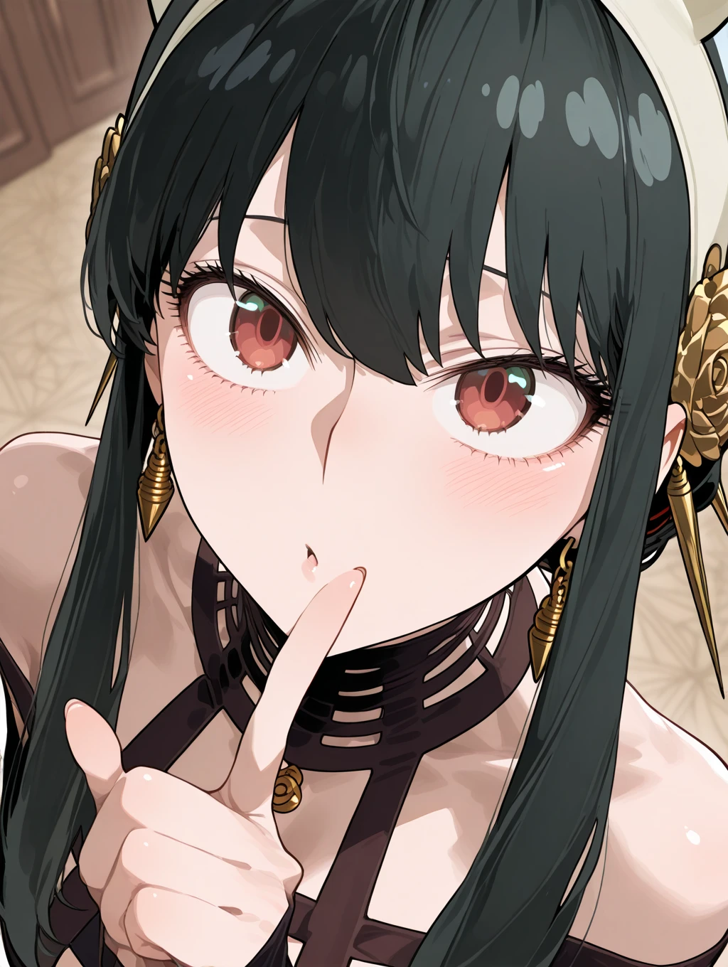 1girl, ishtar \(fate\), fate \(series\) \\\\\ masterpiece, best quality, very aesthetic, absurdres, newest \\\\\\ slim body,///// ,by nyantcha,cutesexyrobutts , by khyle,,////// beautiful face, sexy, red eyes, portrait, ,, rating:, hands crossed on breasts, blush,she is trying to cover tits, white background