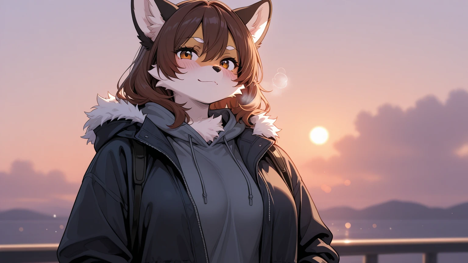 best quality, kemono, anime, female, furry, anthro, full body, solo, fox, two tone body, (masterpiece), beautiful, highly detailed, 8k uhd, intricate details, best quality, HD, 1girl, furry, fluffy, anthro, black face fur with red spots, (cute, adorable face:1.3), {black fur|red fur}, two tone fur, dual tone fur, black sweater, night, blurry night city background, fov, upper body