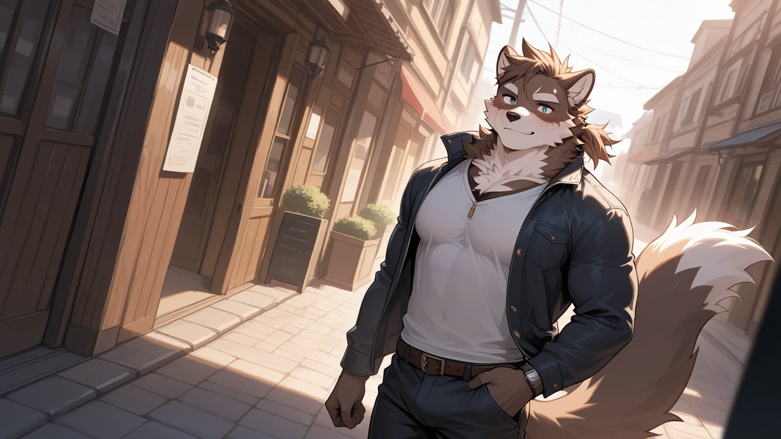 owen lorelei, muscular male, purple eyes, smile, (pose:1.3), (posing:1.3), (soft shading), 4k, hi res, ((detailed face(mad), detailed)), (full body), by zackarry911, by zaush, (by personalami:0.5), jacket, brown jacket, white sleeves, , , big long (harden), big ,POV