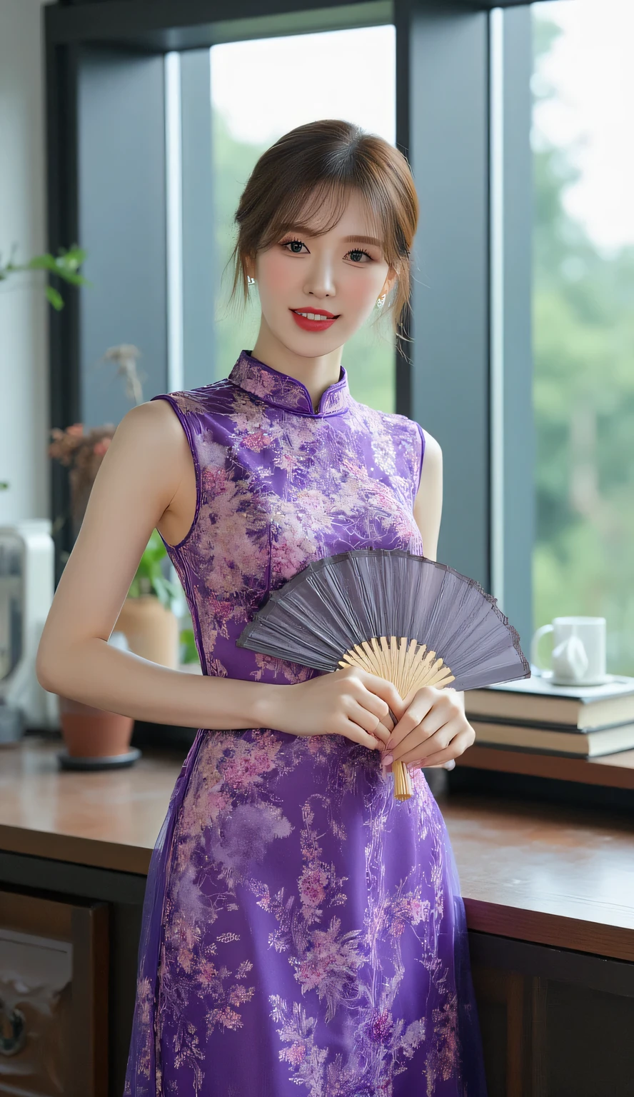 A close up of a woman in a purple dress sitting on a boat - SeaArt AI