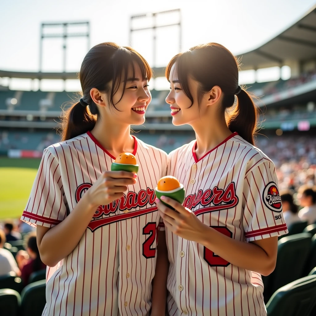 A busty girl wearing a Yakult Swallows uniform cheering on the baseball team while drinking beer in the stands of a baseball stadium